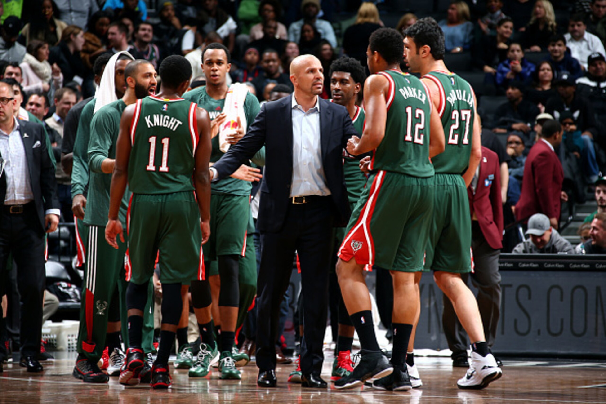 NEW YORK, NY - NOVEMBER 19: Head Coach Jason Kidd and the Milwaukee Bucks speak during a game against the Brooklyn Nets at the Barclays Center on November 19, 2014 in in the Brooklyn borough of New York City, New York. NOTE TO USER: User expressly acknowl