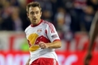 Oct 11, 2014; Harrison, NJ, USA; New York Red Bulls midfielder Eric Alexander (12) in action against the Toronto FC during the first half at Red Bull Arena. Mandatory Credit: Adam Hunger-USA TODAY Sports