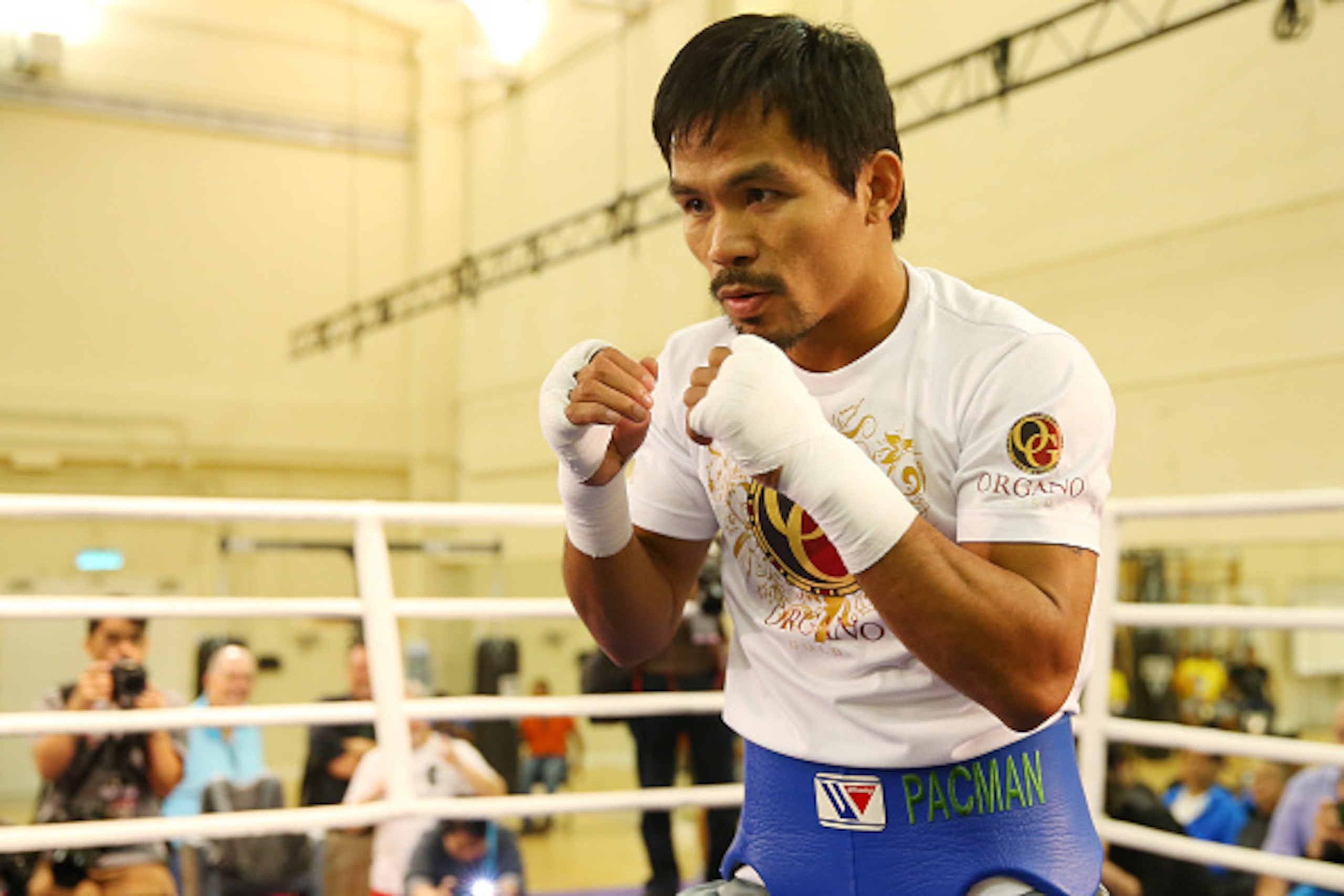 MACAU - NOVEMBER 20:  Manny Pacquiao trains during a workout session at The Venetian on November 20, 2014 in Macau, Macau.  (Photo by Chris Hyde/Getty Images)
