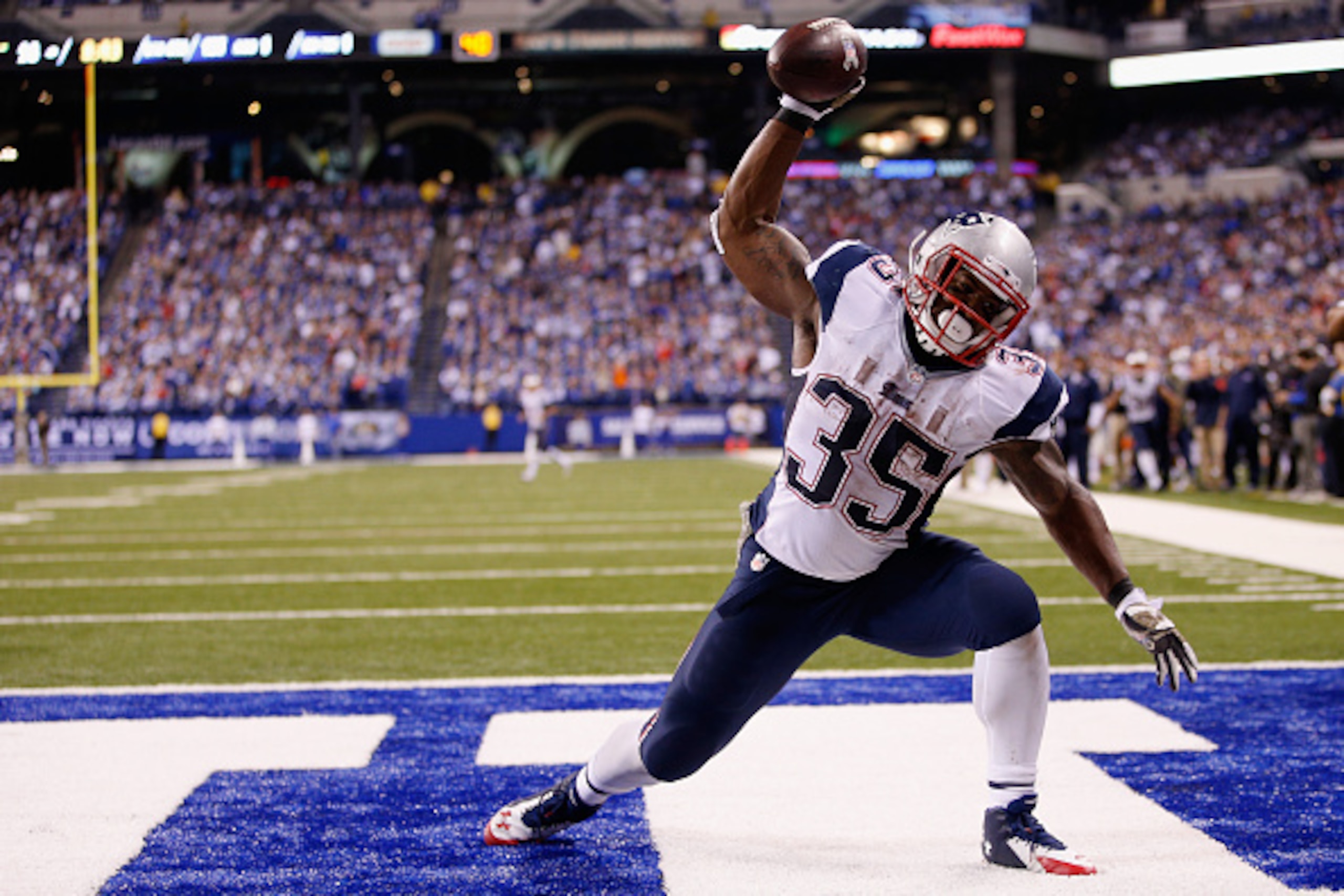 INDIANAPOLIS, IN - NOVEMBER 16:  Jonas Gray #35 of the New England Patriots celebrates scoring his fourth touchdown against the Indianapolis Colts during the fourth quarter of the game at Lucas Oil Stadium on November 16, 2014 in Indianapolis, Indiana.  (