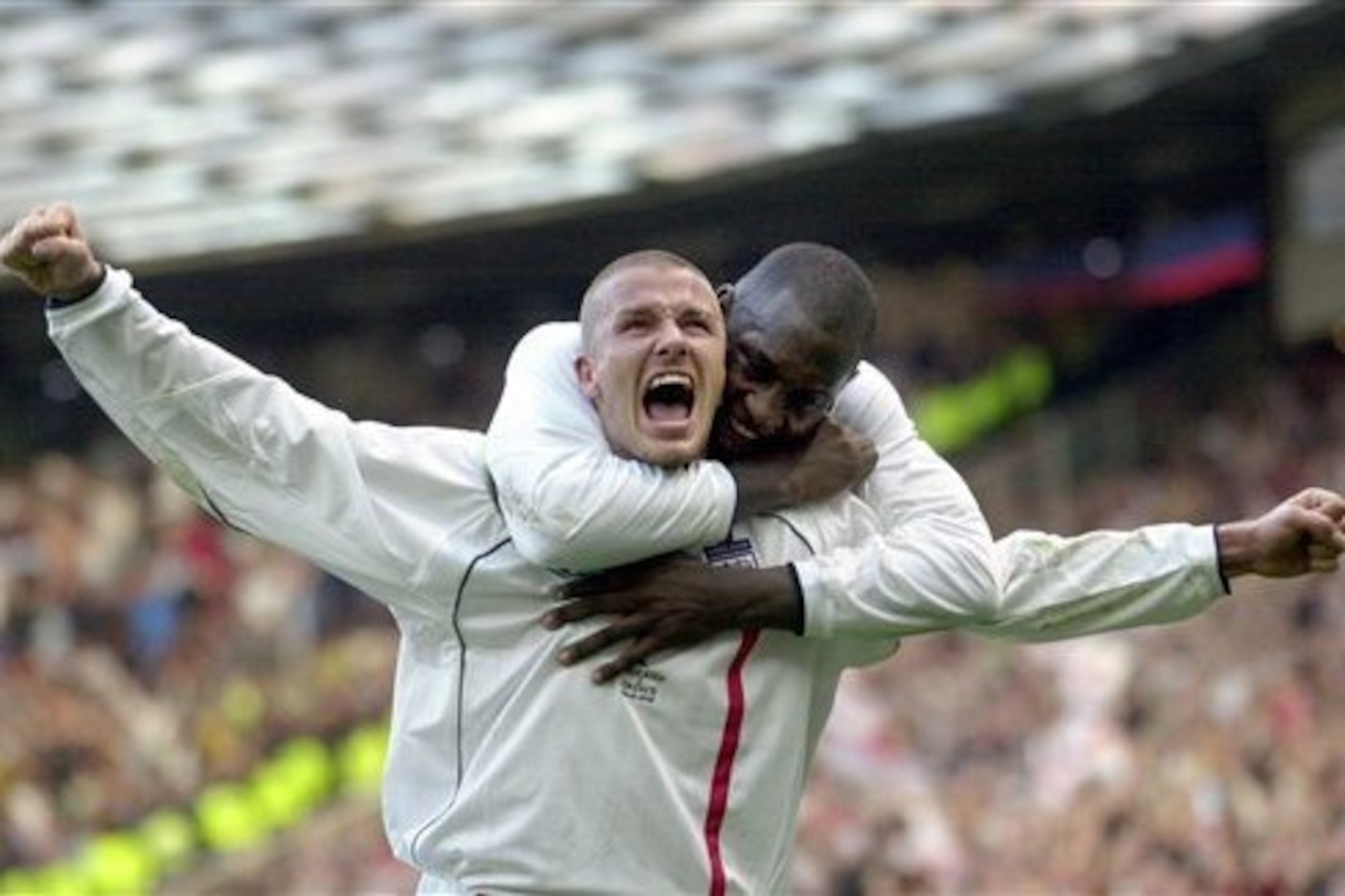 Beckham celebrates his vital equaliser against Greece Beckham celebrates his vital equaliser against Greece