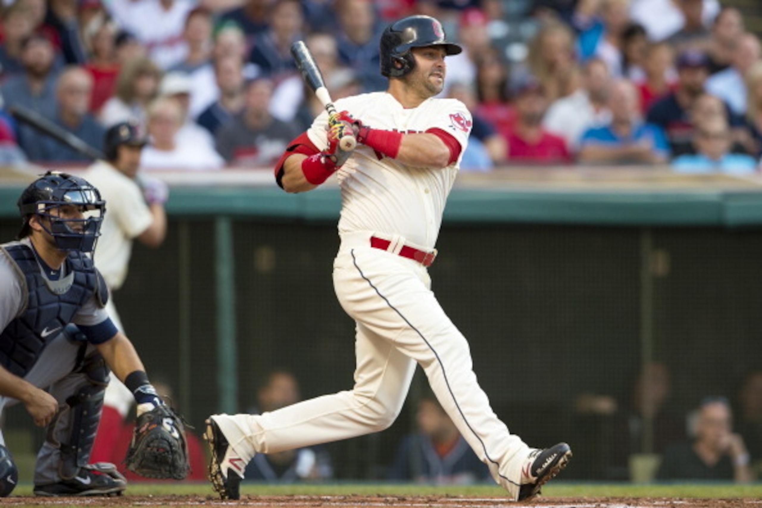CLEVELAND, OH - JUNE 21: Nick Swisher #33 of the Cleveland Indians hits an RBI double during the second inning against the Detroit Tigers at Progressive Field on June 21, 2014 in Cleveland, Ohio.  (Photo by Jason Miller/Getty Images)