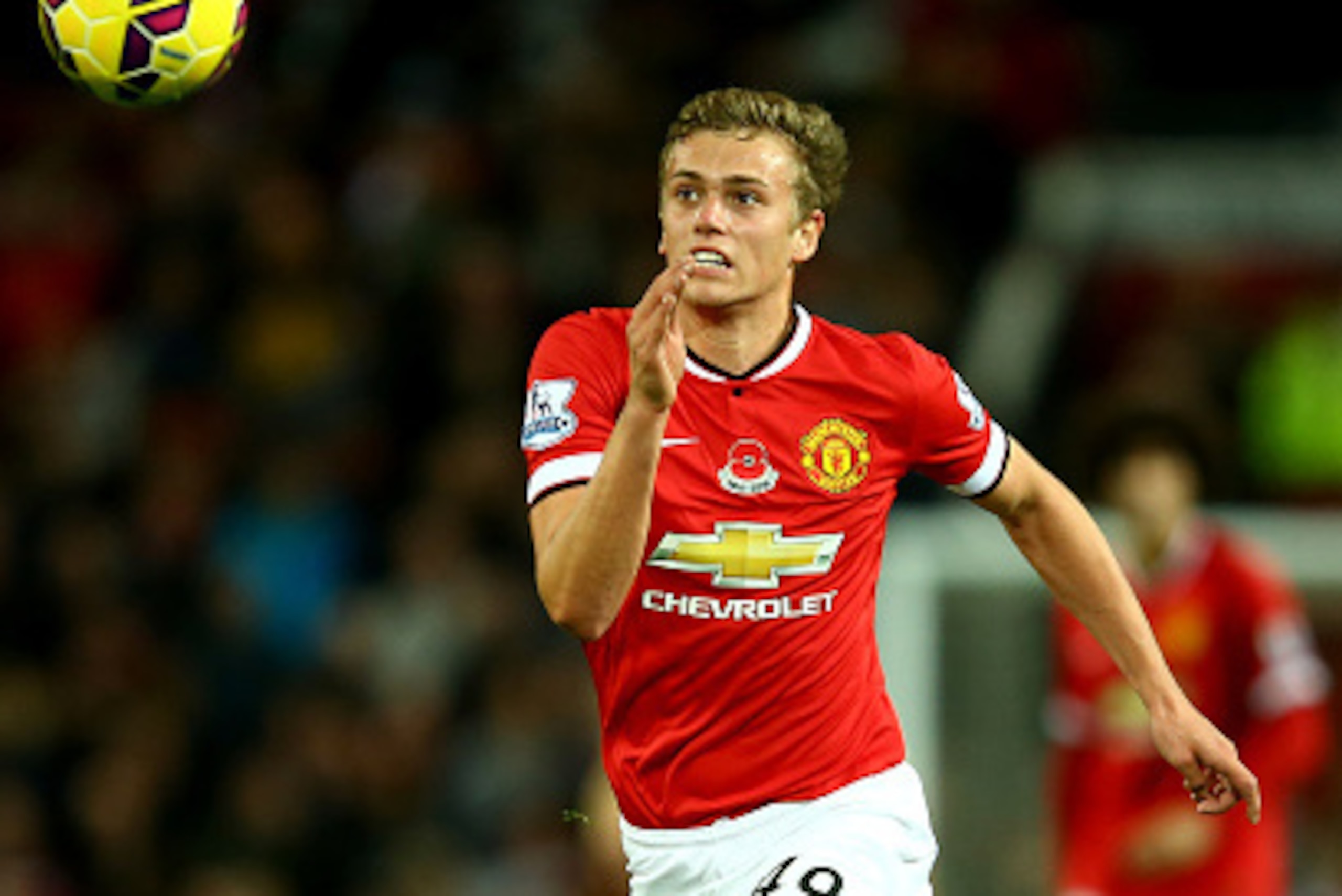 MANCHESTER, ENGLAND - NOVEMBER 08:  James Wilson of Manchester United in action during the Barclays Premier League match between Manchester United and Crystal Palace at Old Trafford on November 8, 2014 in Manchester, England.  (Photo by Richard Heathcote/