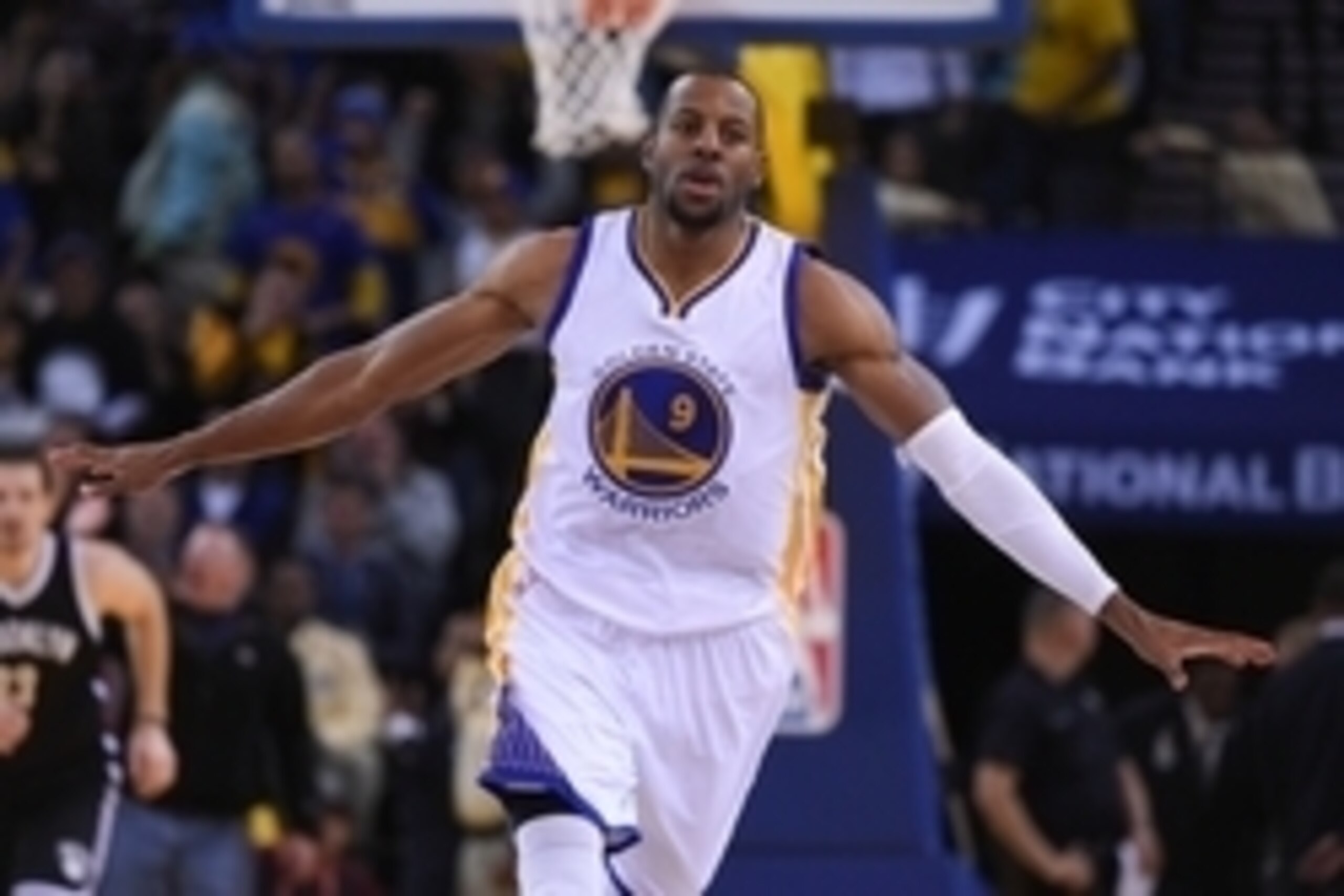 November 13, 2014; Oakland, CA, USA; Golden State Warriors guard Andre Iguodala (9) celebrates during the second quarter against the Brooklyn Nets at Oracle Arena. Mandatory Credit: Kyle Terada-USA TODAY Sports