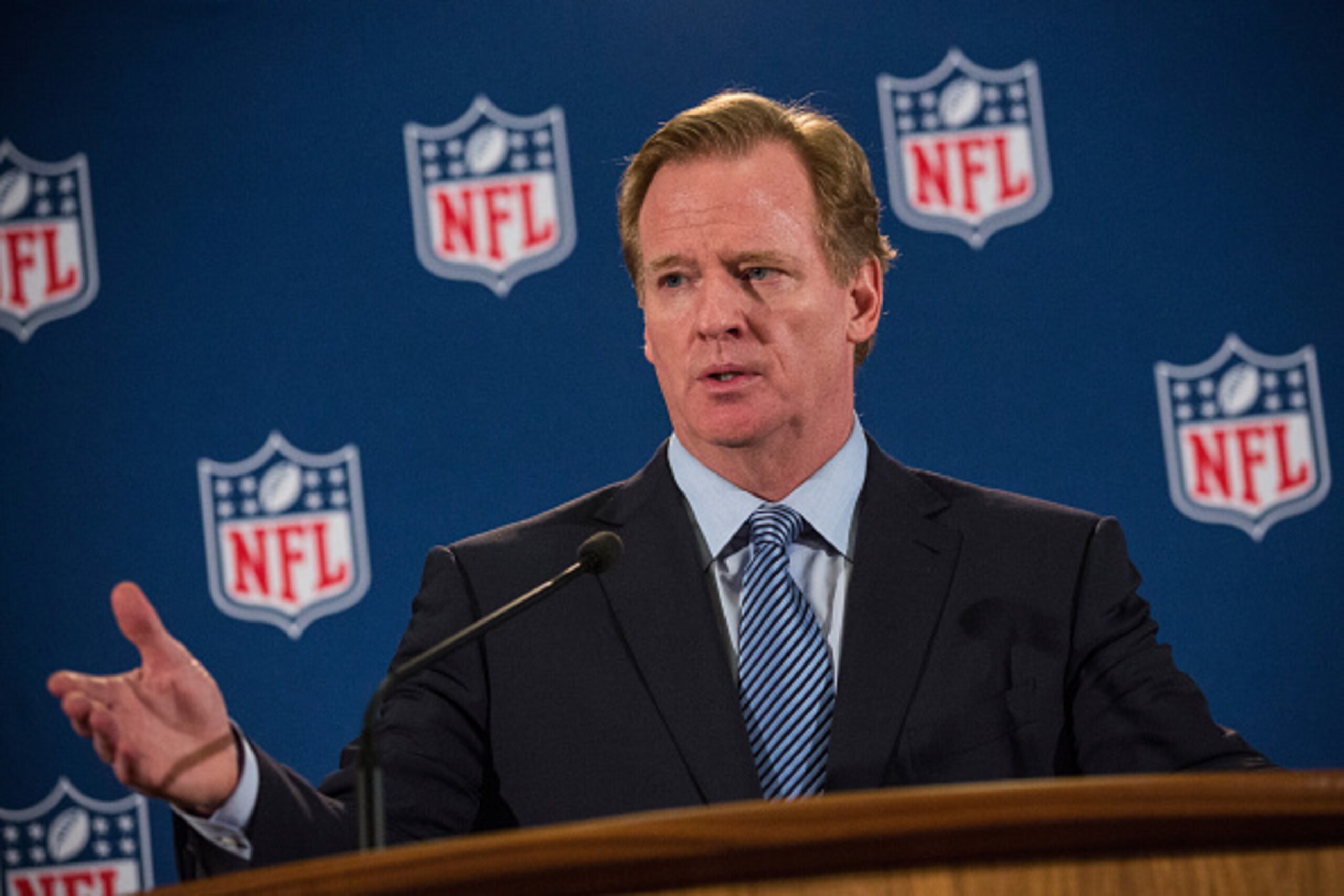 NEW YORK, NY - OCTOBER 08:  NFL Commissioner Roger Goodell holds a press conference on October 8, 2014 in New York City. Goodell addressed the media at the conclusion of the annual Fall league meeting in the wake of a string of high-profile incidents, inc
