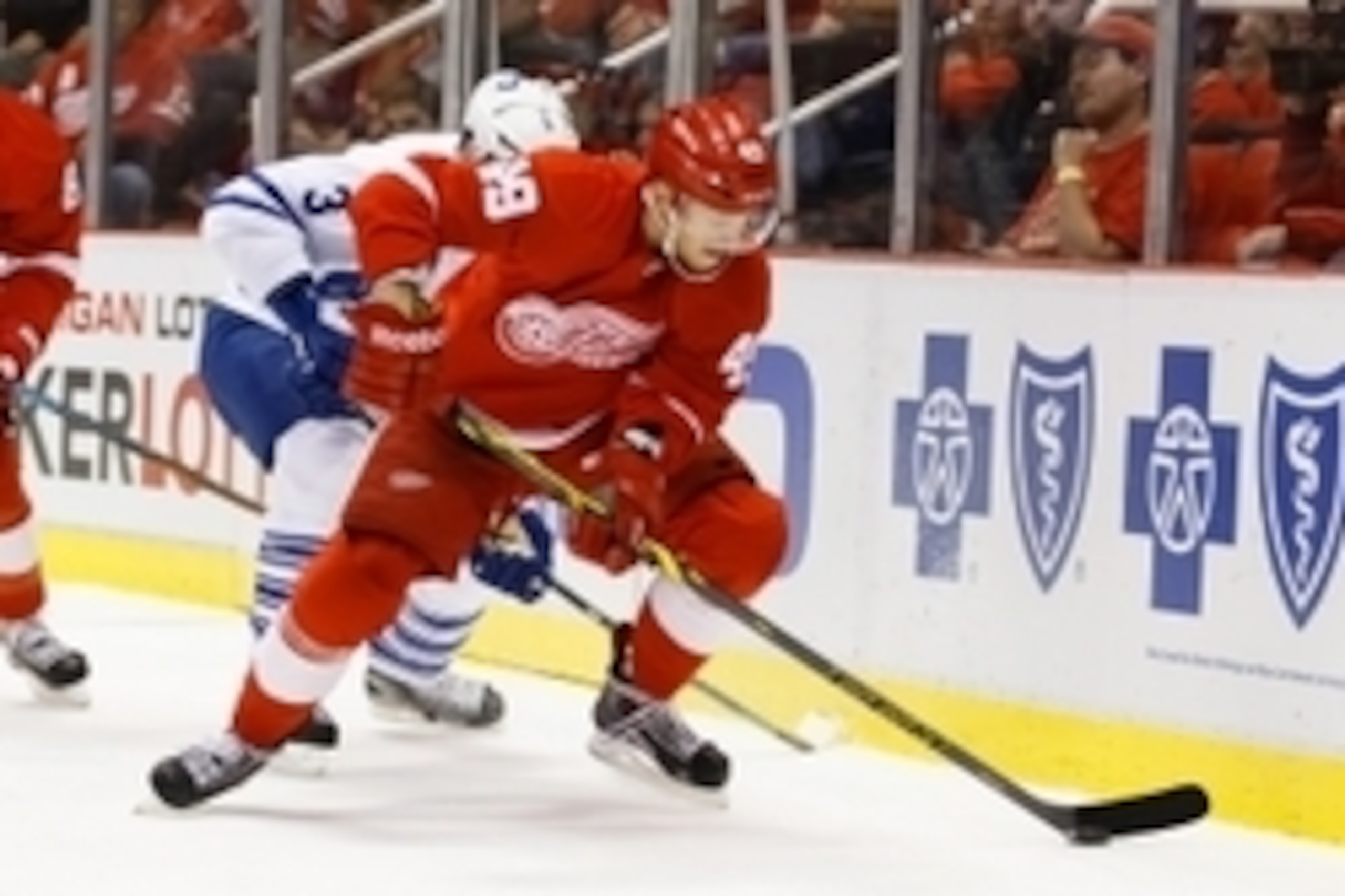 Sep 29, 2014; Detroit, MI, USA; Detroit Red Wings right wing Andrej Nestrasil (49) skates with the puck against the Toronto Maple Leafs at Joe Louis Arena. Mandatory Credit: Rick Osentoski-USA TODAY Sports