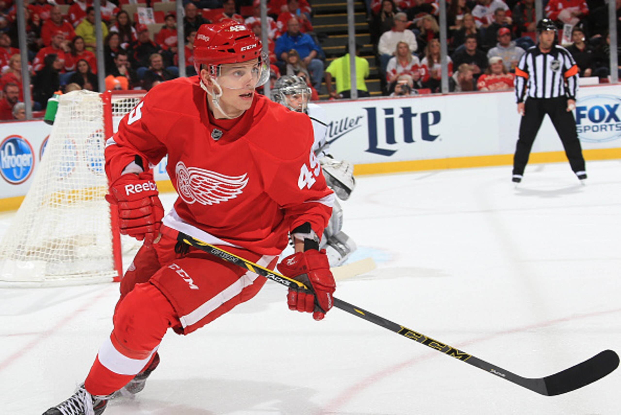 DETROIT, MI - OCTOBER 31: Andrej Nestrasil #49 of the Detroit Red Wings turns up ice against the Los Angeles Kings during a NHL game on October 31, 2014 at Joe Louis Arena in Detroit, Michigan. The Wings defeated the Kings 5-2. (Photo by Dave Reginek/NHLI