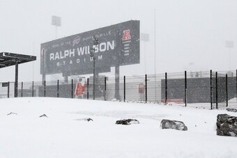 Nov 20, 2014; Orchard Park, NY, USA; A general view of the outside of Ralph Wilson Stadium after a major snow storm hit the area. Mandatory Credit: Kevin Hoffman-USA TODAY Sports