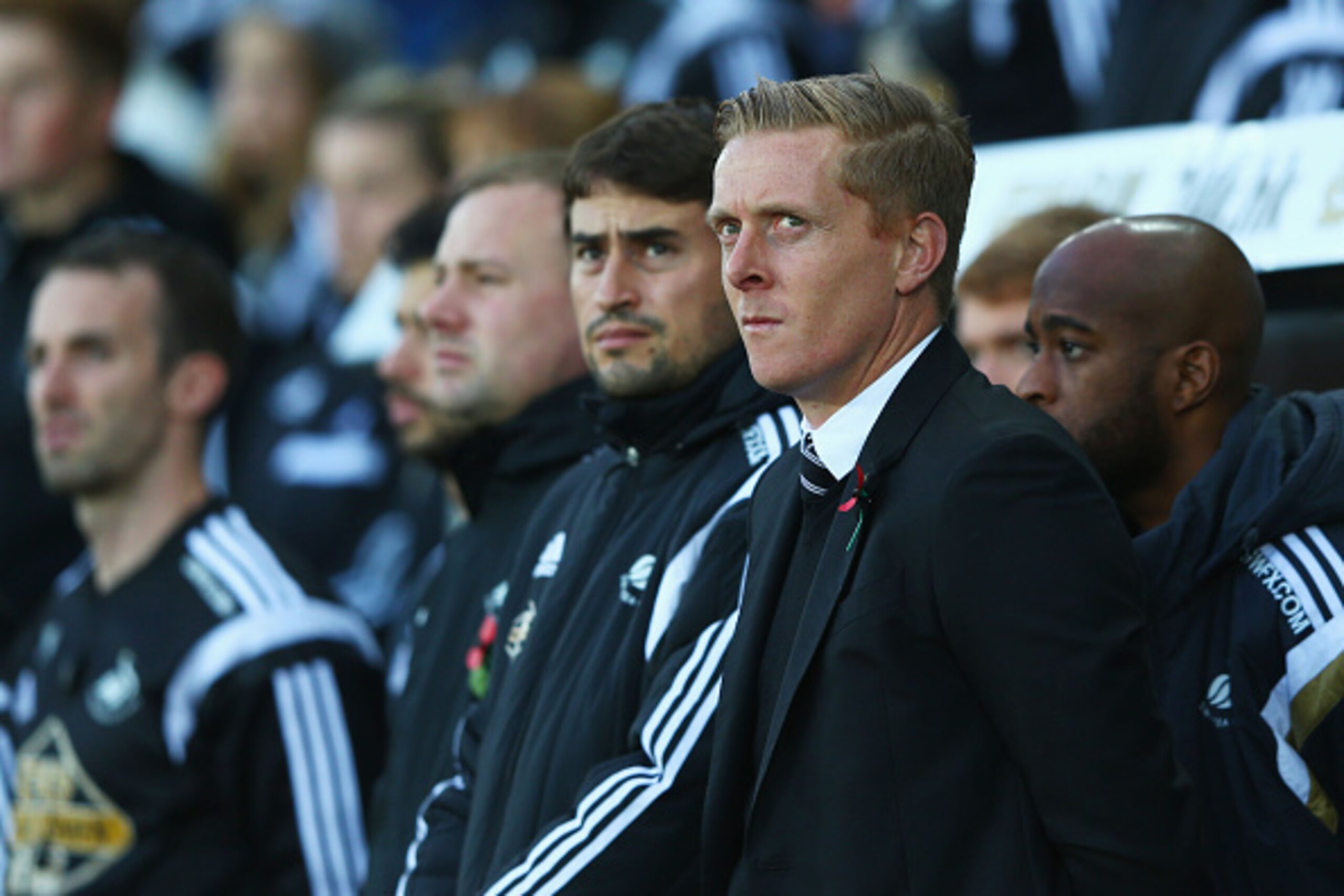 SWANSEA, WALES - NOVEMBER 09:  Garry Monk manager of Swansea City looks on prior to the Barclays Premier League match between Swansea City and Arsenal at Liberty Stadium on November 9, 2014 in Swansea, Wales.  (Photo by Michael Steele/Getty Images)