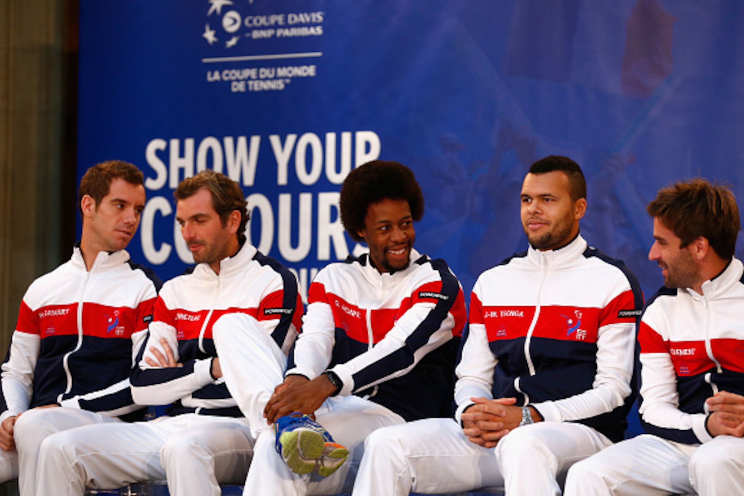 LILLE, FRANCE - NOVEMBER 20:  Jo-Wilfried Tsonga of France, Gael Monfils of France, Richard Gasquet of France, Julien Benneteau of France and Captain Arnaud Clement of France pose at the draw during previews for the Davis Cup Tennis Final between France a