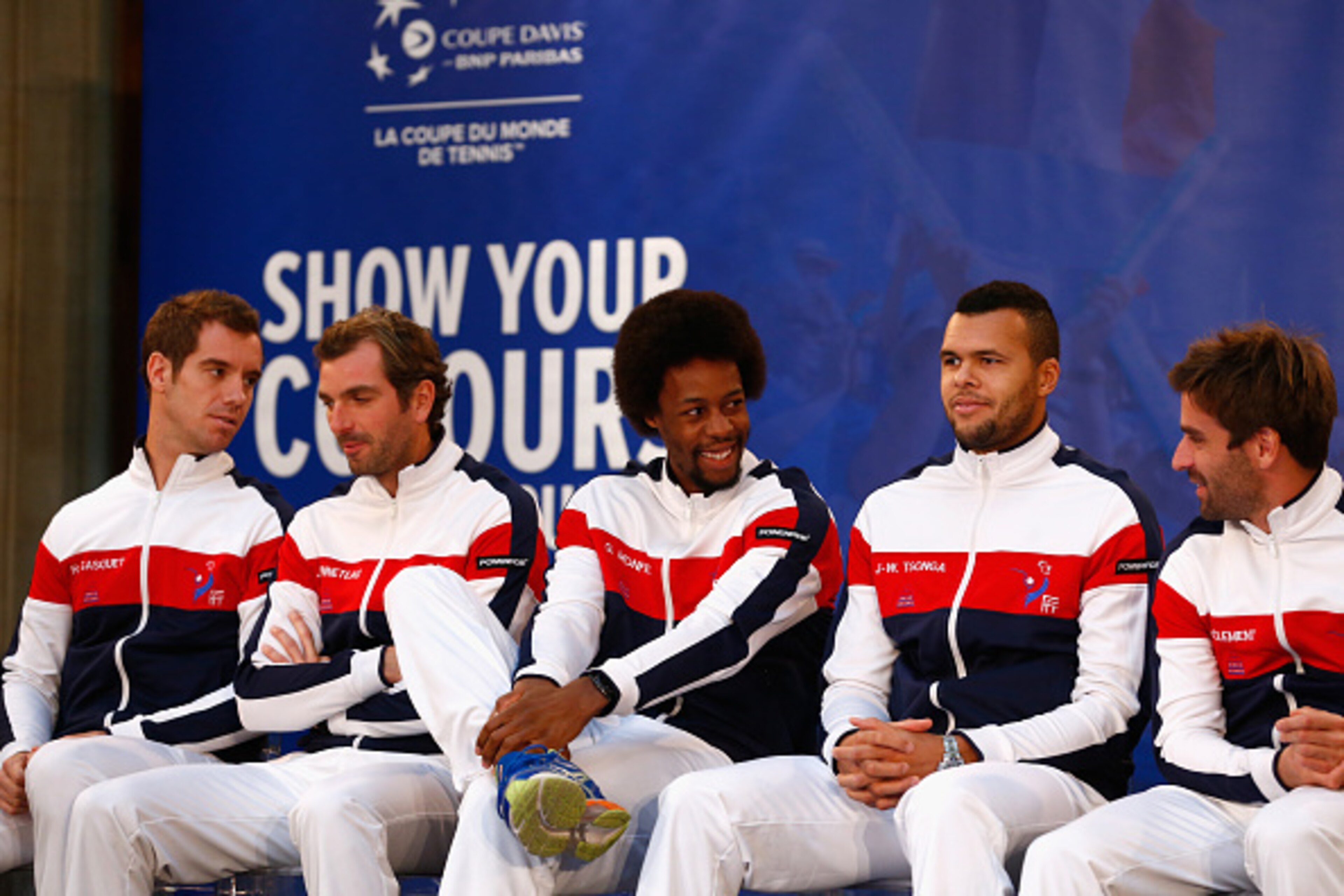 LILLE, FRANCE - NOVEMBER 20:  Jo-Wilfried Tsonga of France, Gael Monfils of France, Richard Gasquet of France, Julien Benneteau of France and Captain Arnaud Clement of France pose at the draw during previews for the Davis Cup Tennis Final between France a