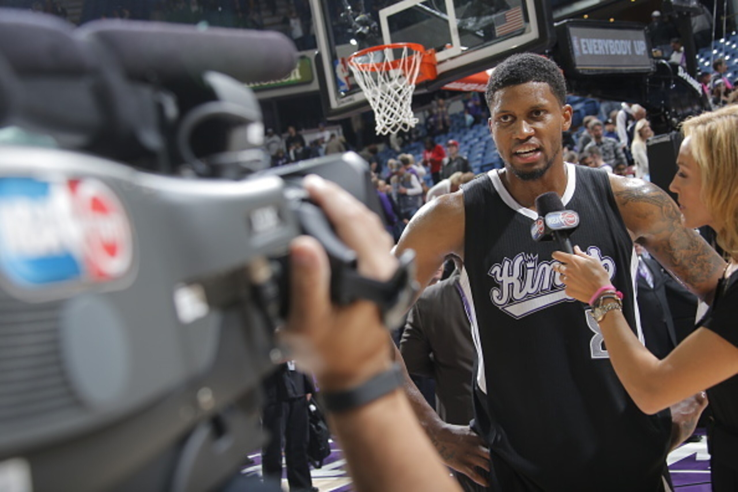 SACRAMENTO, CA - NOVEMBER 20:  Rudy Gay #8 of the Sacramento Kings is interviewed after the game against the Chicago Bulls on November 20, 2014 at Sleep Train Arena in Sacramento, California. NOTE TO USER: User expressly acknowledges and agrees that, by d