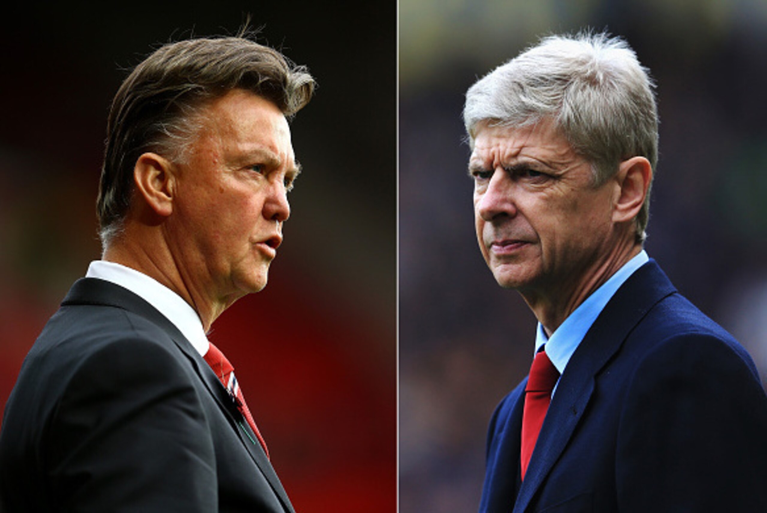FILE PHOTO - (EDITORS NOTE: COMPOSITE OF TWO IMAGES - Image numbers (L) 458624178 and 485728065) In this composite image a comparision has been made between Louis van Gaal ,Manager of Manchester United (L) and Arsene Wenger, Manager of Arsenal . Arsenal a FILE PHOTO - (EDITORS NOTE: COMPOSITE OF TWO IMAGES - Image numbers (L) 458624178 and 485728065) In this composite image a comparision has been made between Louis van Gaal ,Manager of Manchester United (L) and Arsene Wenger, Manager of Arsenal . Arsenal a