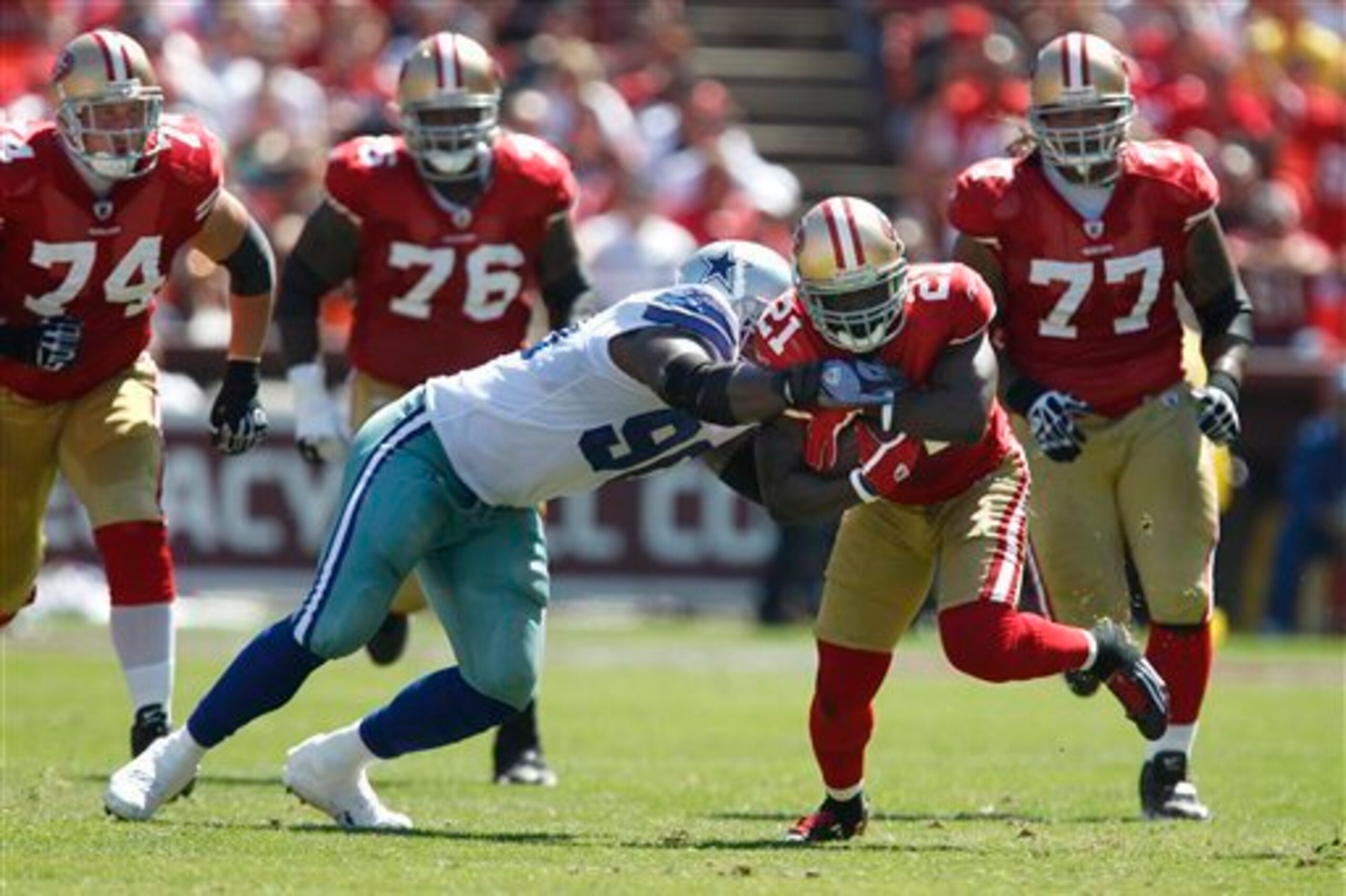 Joe Staley (No. 74), Anthony Davis (No. 76) and Mike Iupati (No. 77) will impose their will in the trenches for Gore and other 49ers' playmakers.