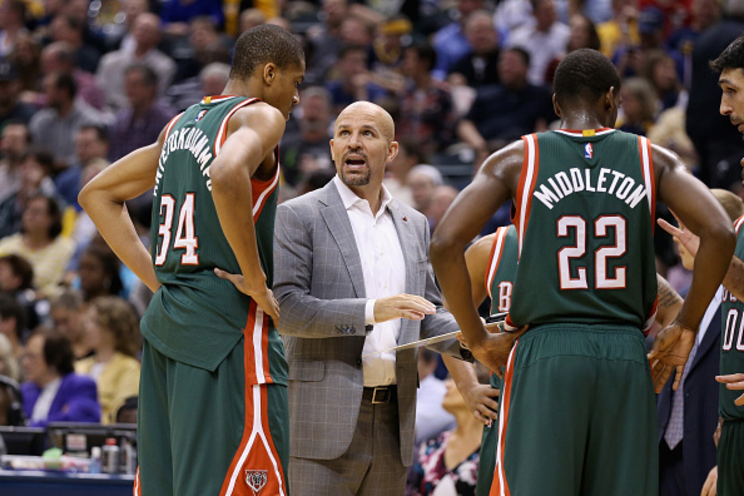 INDIANAPOLIS, IN - NOVEMBER 04:  Jason Kidd the head coach of the Milwaukee Bucks gives instructions to his team during the game against the Indiana Pacers at Bankers Life Fieldhouse on November 4, 2014 in Indianapolis, Indiana.  (Photo by Andy Lyons/Gett