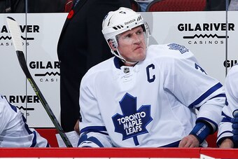 GLENDALE, AZ - NOVEMBER 04:  Dion Phaneuf #3 of the Toronto Maple Leafs on the bench during the NHL game against the Arizona Coyotes at Gila River Arena on November 4, 2014 in Glendale, Arizona.  (Photo by Christian Petersen/Getty Images)