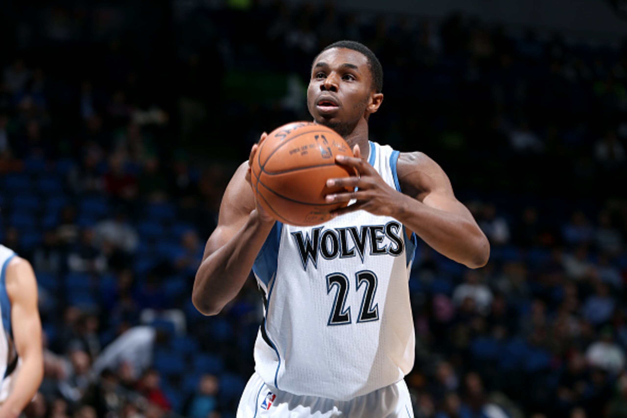 MINNEAPOLIS, MN - NOVEMBER 19: Andrew Wiggins #22 of the Minnesota Timberwolves attempts a free throw against the New York Knicks on November 19, 2014 at Target Center in Minneapolis, Minnesota. NOTE TO USER: User expressly acknowledges and agrees that, b