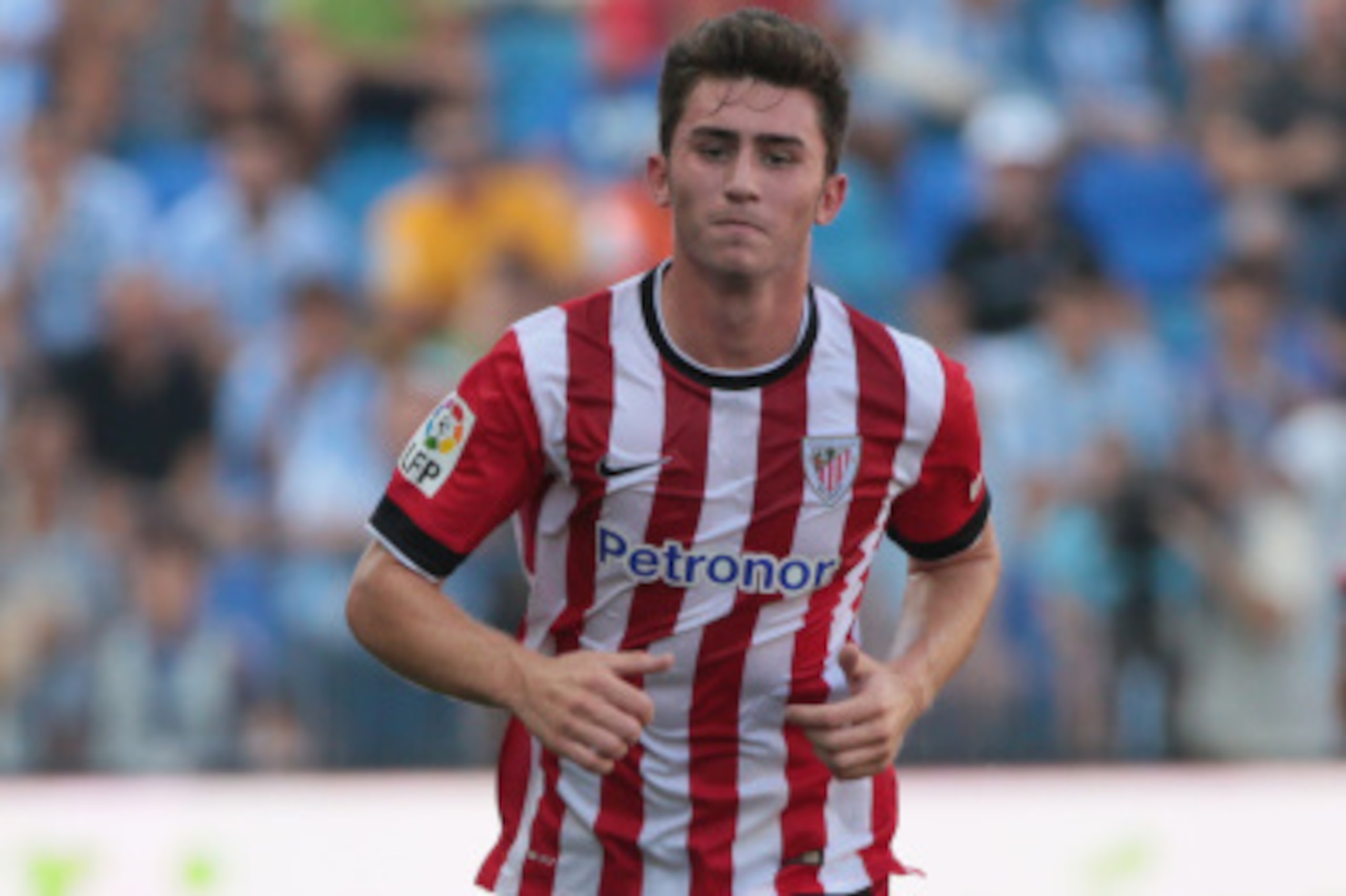 MALAGA, SPAIN - AUGUST 23: Laporte of Athletic Club Bilbao runs whit the ball during the La Liga match between Malaga CF and Athletic Club Bilbao at La Rosaleda Stadium on August 23, 2014 in Malaga, Spain. (Photo by Sergio Camacho/Getty Images)