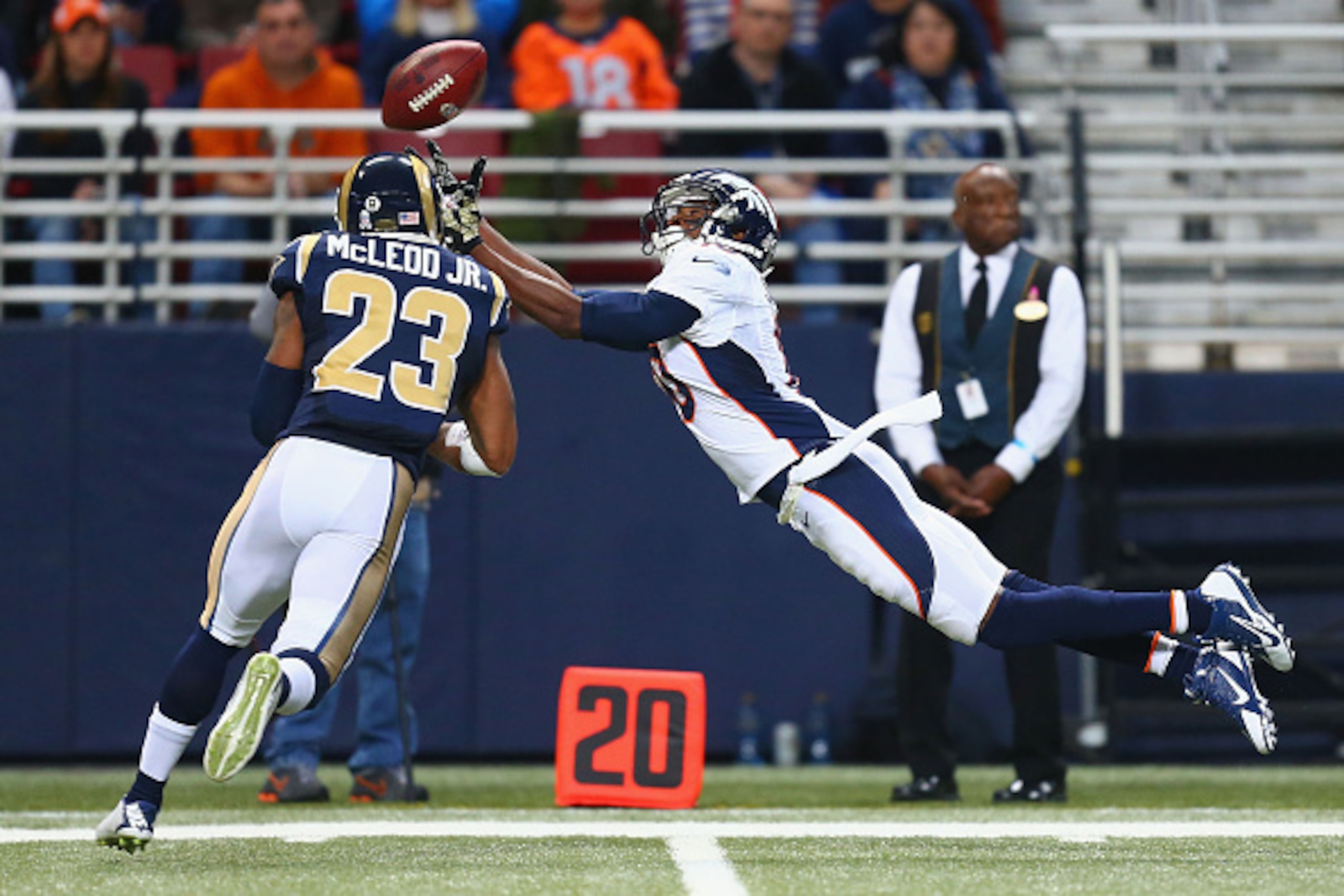 ST. LOUIS, MO - NOVEMBER 16: Emmanuel Sanders #10 of the Denver Broncos fails to make a catch against Rodney McLeod #23 of the St. Louis Rams in the third quarter at the Edward Jones Dome on November 16, 2014 in St. Louis, Missouri.  The Rams beat the Bro