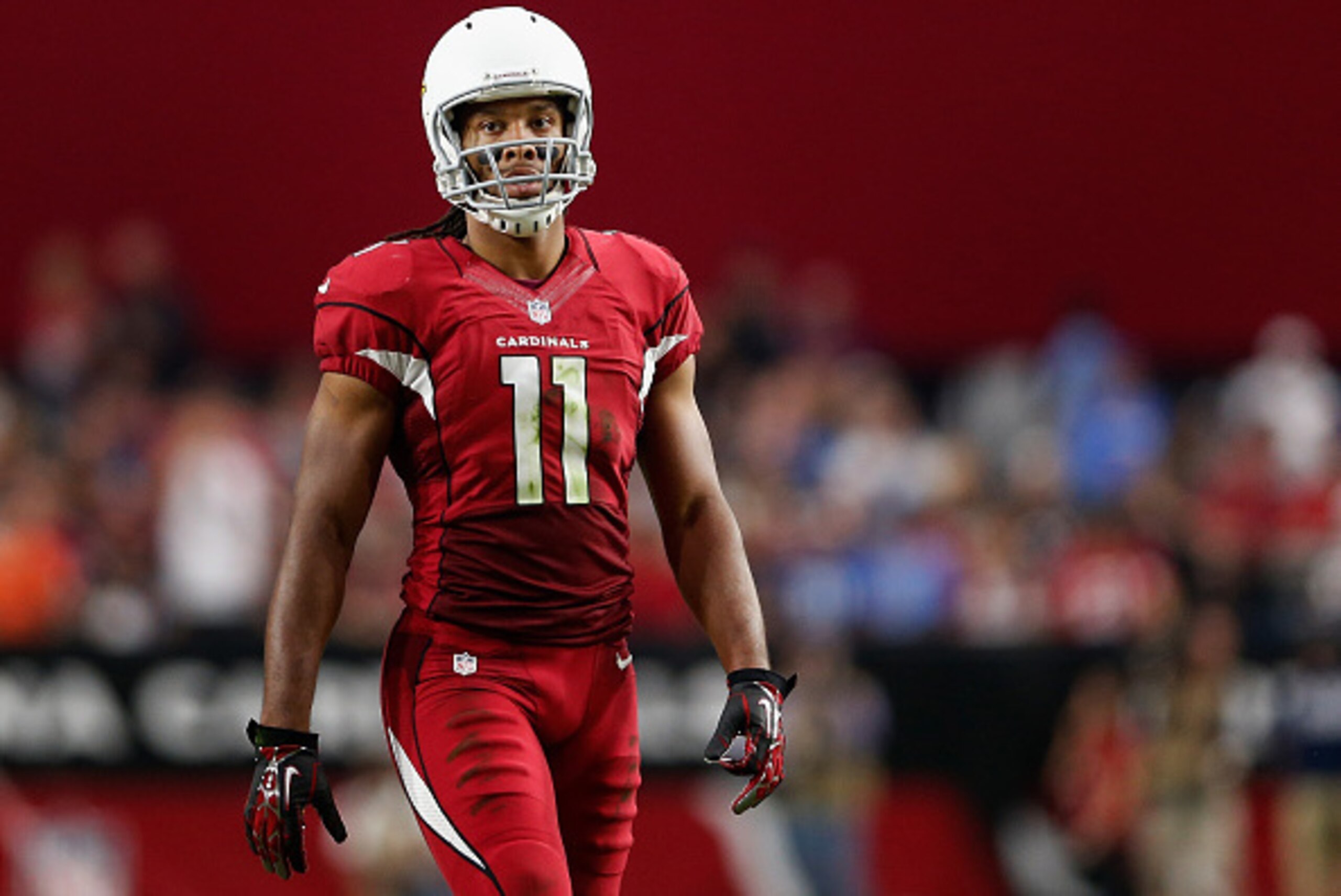 GLENDALE, AZ - NOVEMBER 16:  Wide receiver Larry Fitzgerald #11 of the Arizona Cardinals on the field during the NFL game against the Detroit Lions at the University of Phoenix Stadium on November 16, 2014 in Glendale, Arizona. The Cardinals defeated the 