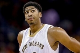 Nov 12, 2014; New Orleans, LA, USA; New Orleans Pelicans forward Anthony Davis (23) reacts against the Los Angeles Lakers during the second quarter of a game at the Smoothie King Center. Mandatory Credit: Derick E. Hingle-USA TODAY Sports