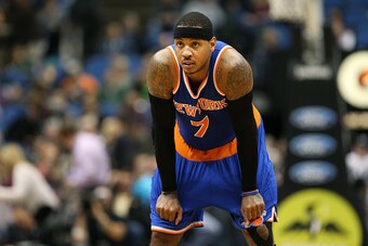 MINNEAPOLIS, MN -  NOVEMBER 19: Carmelo Anthony #7 of the New York Knicks during the game against the Minnesota Timberwolves on November 19, 2014 at Target Center in Minneapolis, Minnesota. NOTE TO USER: User expressly acknowledges and agrees that, by dow