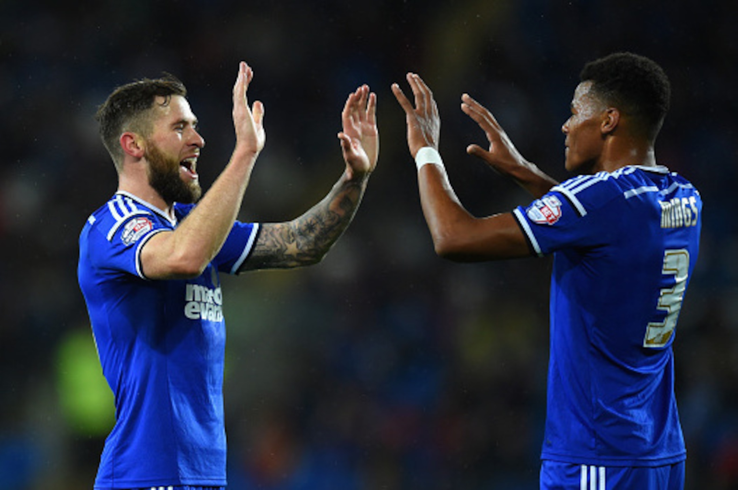 CARDIFF, WALES - OCTOBER 21: Ipswich player Daryl Murphy (l) celebrates with Tyrone Mings after opening the scoring during the Sky Bet Championship match between Cardiff City and Ipswich Town at Cardiff City Stadium on October 21, 2014 in Cardiff, Wales. CARDIFF, WALES - OCTOBER 21: Ipswich player Daryl Murphy (l) celebrates with Tyrone Mings after opening the scoring during the Sky Bet Championship match between Cardiff City and Ipswich Town at Cardiff City Stadium on October 21, 2014 in Cardiff, Wales.