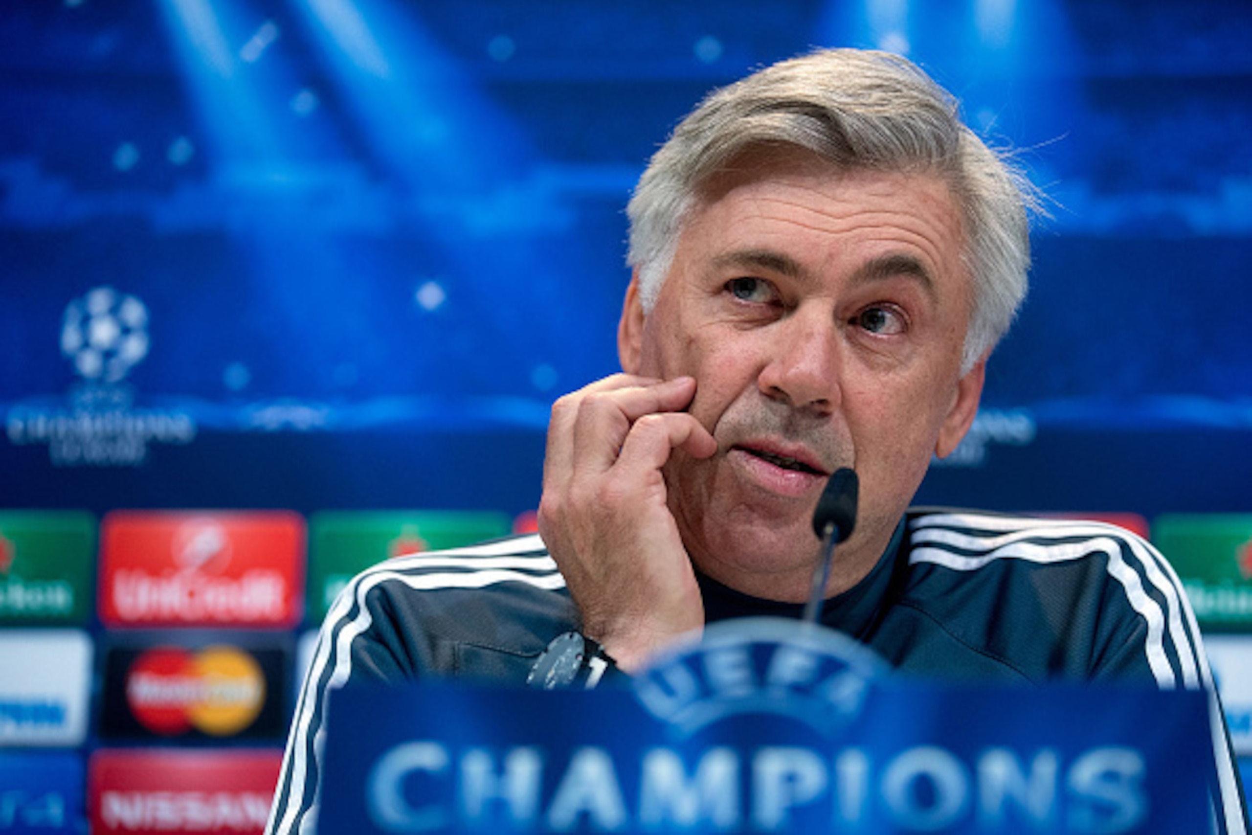 MADRID, SPAIN - NOVEMBER 03:  Head coach Carlo Ancelotti of Real Madrid CF answers questions from the media during a press conference ahead of the UEFA Champions League match against Liverpool FC at Valdebebas training ground on November 3, 2014 in Madrid