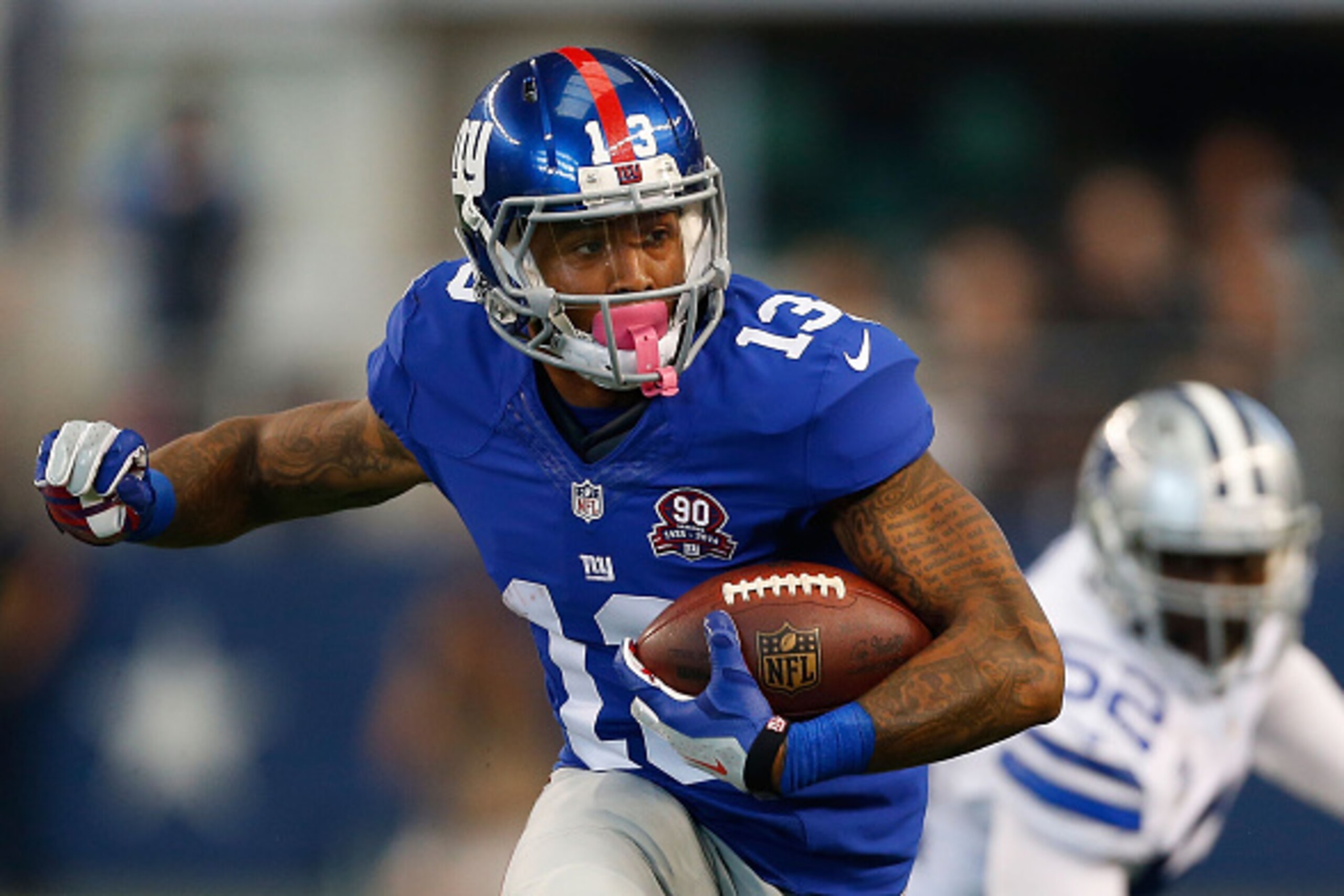 ARLINGTON, TX - OCTOBER 19: Odell Beckham Jr. #13 of the New York Giants carries the ball after the catch against the Dallas Cowboys in the first half at AT&T Stadium on October 19, 2014 in Arlington, Texas. (Photo by Wesley Hitt/Getty Images) ARLINGTON, TX - OCTOBER 19: Odell Beckham Jr. #13 of the New York Giants carries the ball after the catch against the Dallas Cowboys in the first half at AT&T Stadium on October 19, 2014 in Arlington, Texas. (Photo by Wesley Hitt/Getty Images)