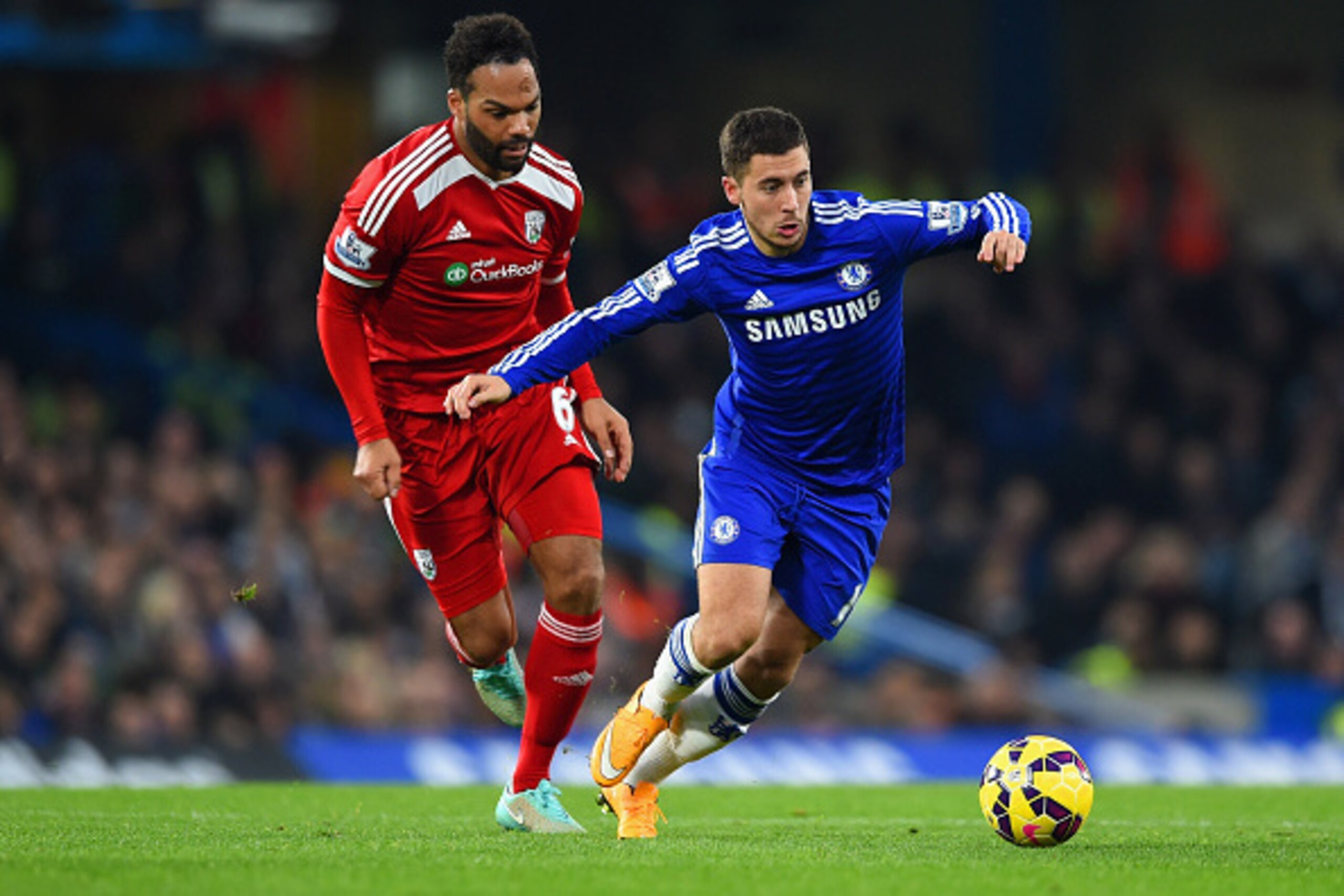 LONDON, ENGLAND - NOVEMBER 22: Joleon Lescott of West Brom tracks Eden Hazard of Chelsea during the Barclays Premier League match between Chelsea and West Bromwich Albion at Stamford Bridge on November 22, 2014 in London, England. (Photo by Paul Gilham/ LONDON, ENGLAND - NOVEMBER 22: Joleon Lescott of West Brom tracks Eden Hazard of Chelsea during the Barclays Premier League match between Chelsea and West Bromwich Albion at Stamford Bridge on November 22, 2014 in London, England. (Photo by Paul Gilham/
