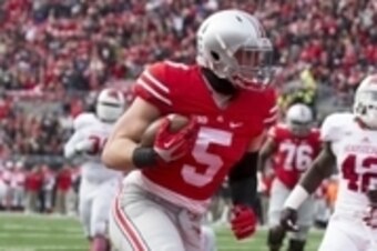 Nov 22, 2014; Columbus, OH, USA; Ohio State Buckeyes tight end Jeff Heuerman (5) scores against the Indiana Hoosiers at Ohio Stadium. Mandatory Credit: Greg Bartram-USA TODAY Sports
