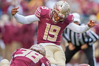 TALLAHASSEE, FL - NOVEMBER 22: Roberto Aguayo #19 of the Florida State Seminoles tacks on an extra point against the Boston College Eagles during the first half at Doak Campbell Stadium on November 22, 2014 in Tallahassee, Florida. (Photo by Jeff Gammons/