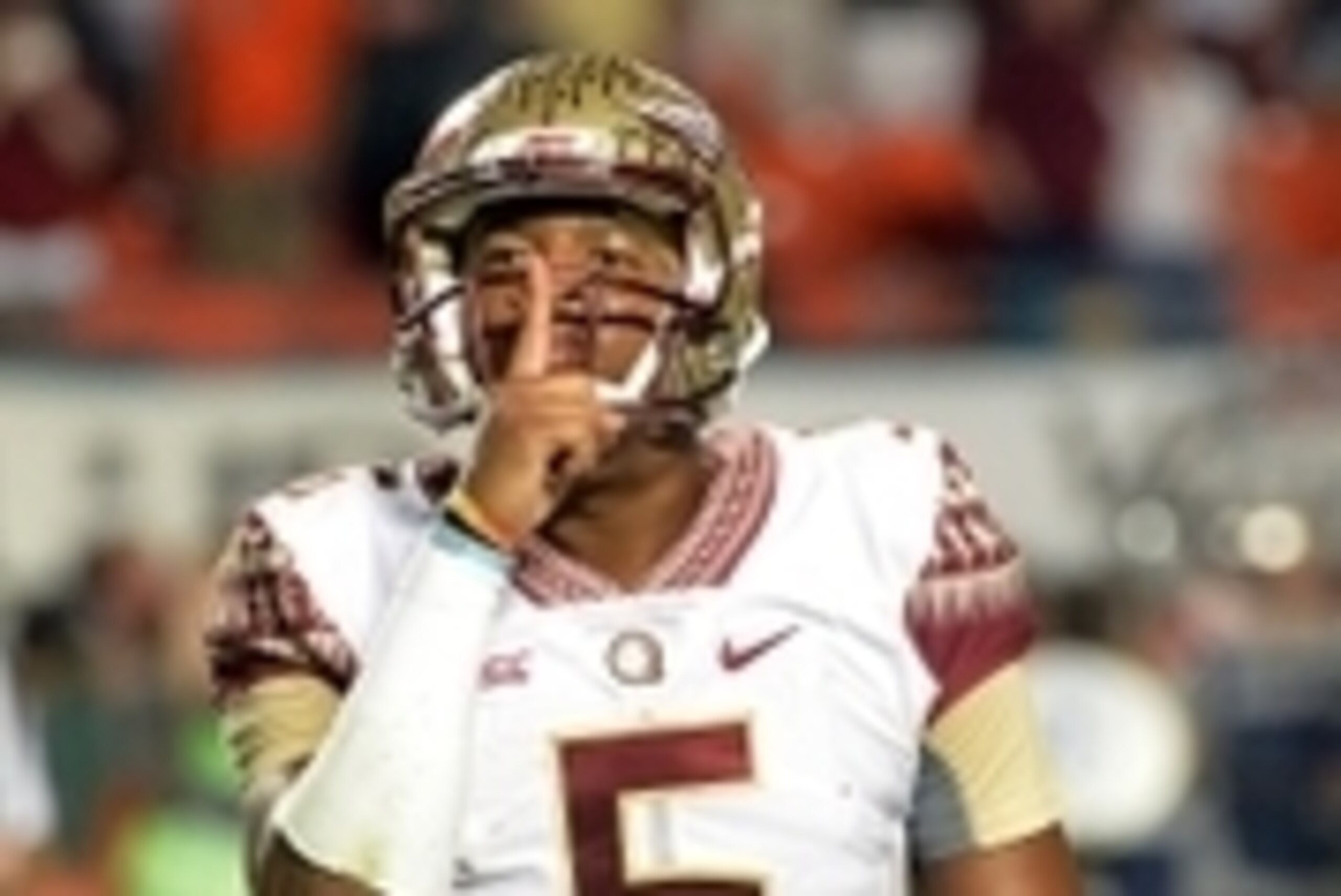 Nov 15, 2014; Miami Gardens, FL, USA; Florida State Seminoles quarterback Jameis Winston (5) reacts against Miami Hurricanes during the second half at Sun Life Stadium. FSU won 30-26. Mandatory Credit: Steve Mitchell-USA TODAY Sports Nov 15, 2014; Miami Gardens, FL, USA; Florida State Seminoles quarterback Jameis Winston (5) reacts against Miami Hurricanes during the second half at Sun Life Stadium. FSU won 30-26. Mandatory Credit: Steve Mitchell-USA TODAY Sports