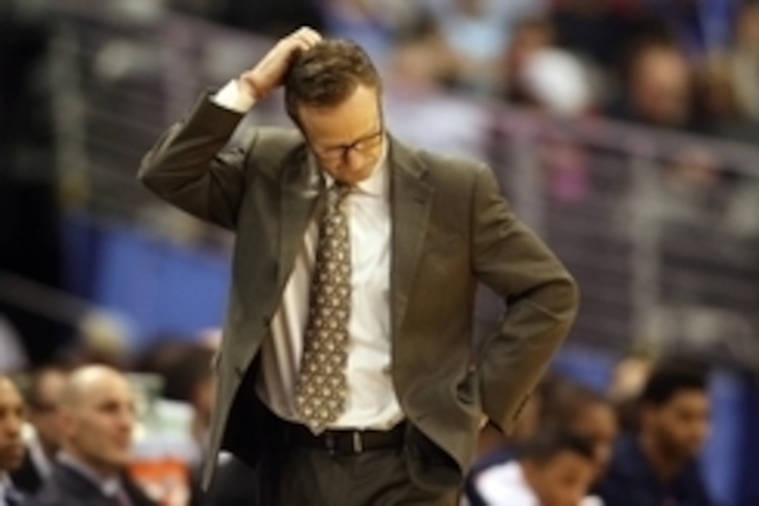 Nov 19, 2014; Denver, CO, USA; Oklahoma City Thunder head coach Scott Brooks reacts during the second half against the Denver Nuggets at Pepsi Center. The Nuggets won 107-100.  Mandatory Credit: Chris Humphreys-USA TODAY Sports