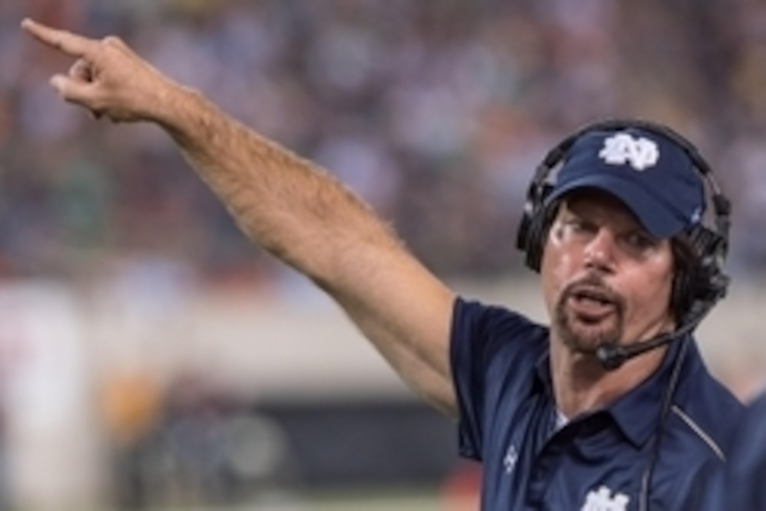Sep 27, 2014; East Rutherford, NJ, USA; Notre Dame Fighting Irish defensive coordinator Brian VanGorder gestures on the sideline in the third quarter of the game against the Syracuse Orange at MetLife Stadium. Notre Dame won 31-15. Mandatory Credit: Matt Sep 27, 2014; East Rutherford, NJ, USA; Notre Dame Fighting Irish defensive coordinator Brian VanGorder gestures on the sideline in the third quarter of the game against the Syracuse Orange at MetLife Stadium. Notre Dame won 31-15. Mandatory Credit: Matt