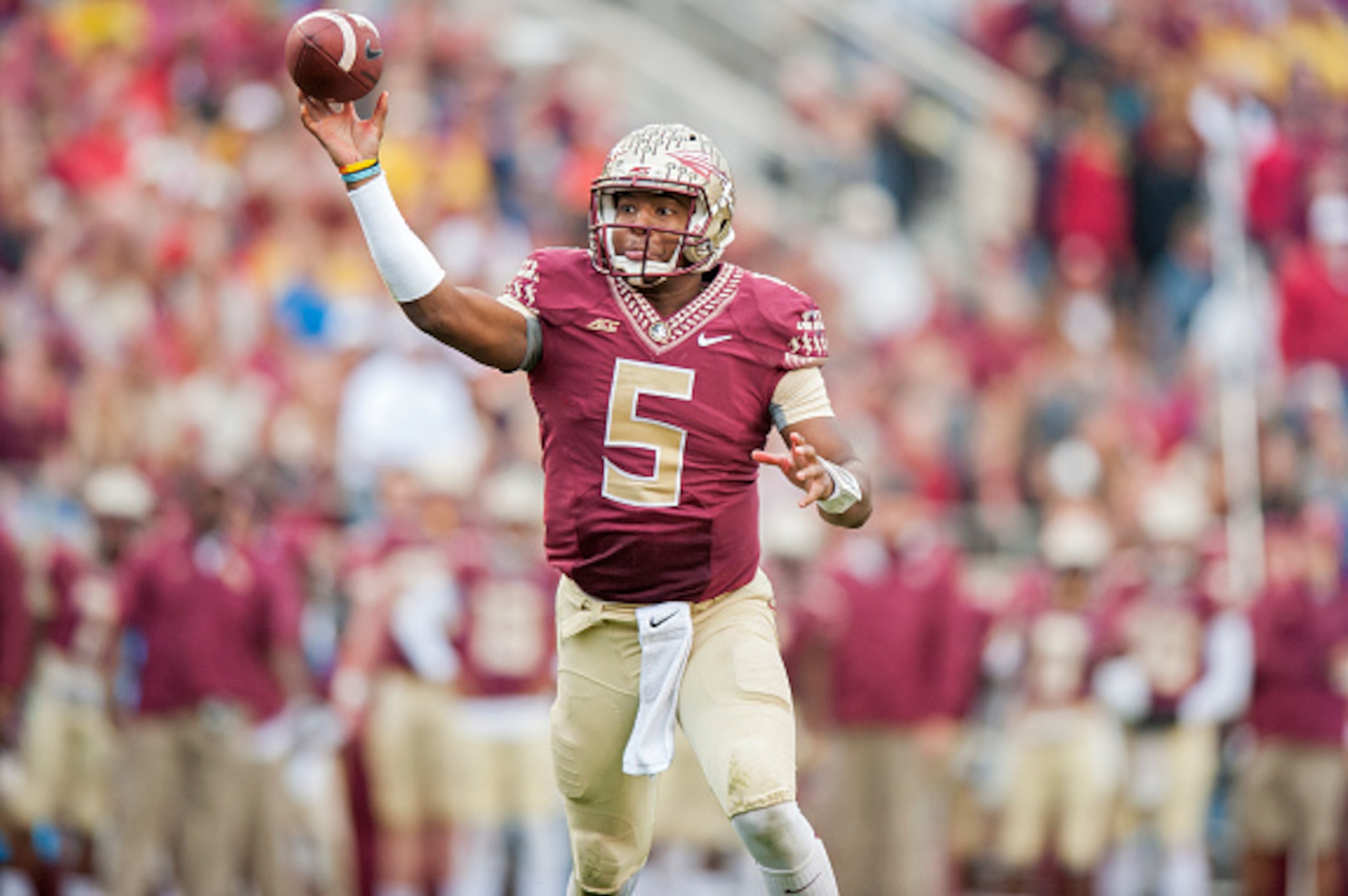 TALLAHASSEE, FL - NOVEMBER 22: Quarterback Jameis Winston #5 of the Florida State Seminoles makes a pass against the Boston College Eagles during the first half at Doak Campbell Stadium on November 22, 2014 in Tallahassee, Florida. (Photo by Jeff Gammons/ TALLAHASSEE, FL - NOVEMBER 22: Quarterback Jameis Winston #5 of the Florida State Seminoles makes a pass against the Boston College Eagles during the first half at Doak Campbell Stadium on November 22, 2014 in Tallahassee, Florida. (Photo by Jeff Gammons/