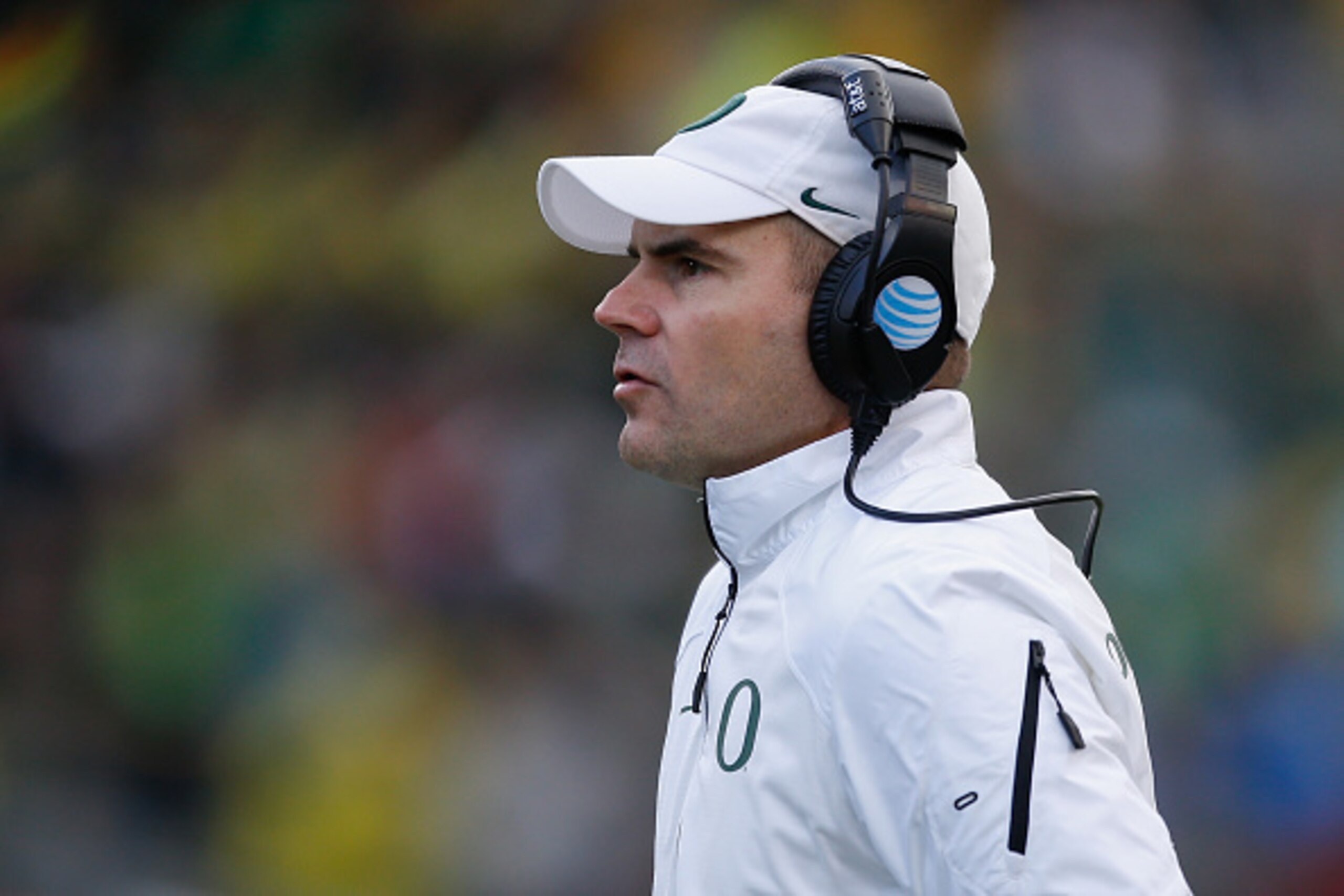 EUGENE, OR - NOVEMBER 22:  Head coach Mark Helfrich of the Oregon Ducks looks on against the Colorado Buffaloes at Autzen Stadium on November 22, 2014 in Eugene, Oregon. The Ducks defeated the Buffaloes 44-10.  (Photo by Otto Greule Jr/Getty Images)