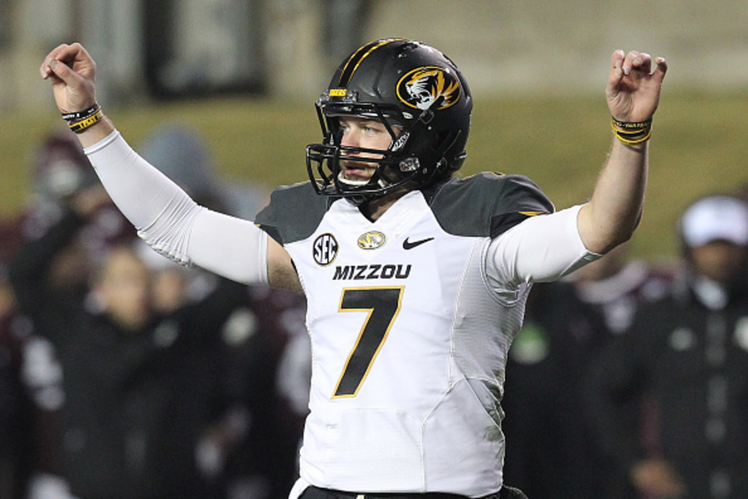 HOUSTON, TX - NOVEMBER 15: Maty Mauk #7 of the Missouri Tigers calls an audible against the Texas A&M Aggies in the first half of an NCAA football game on November 15, 2014 at Kyle Field in College Station, Texas. (Photo by Thomas B. Shea/Getty Images)