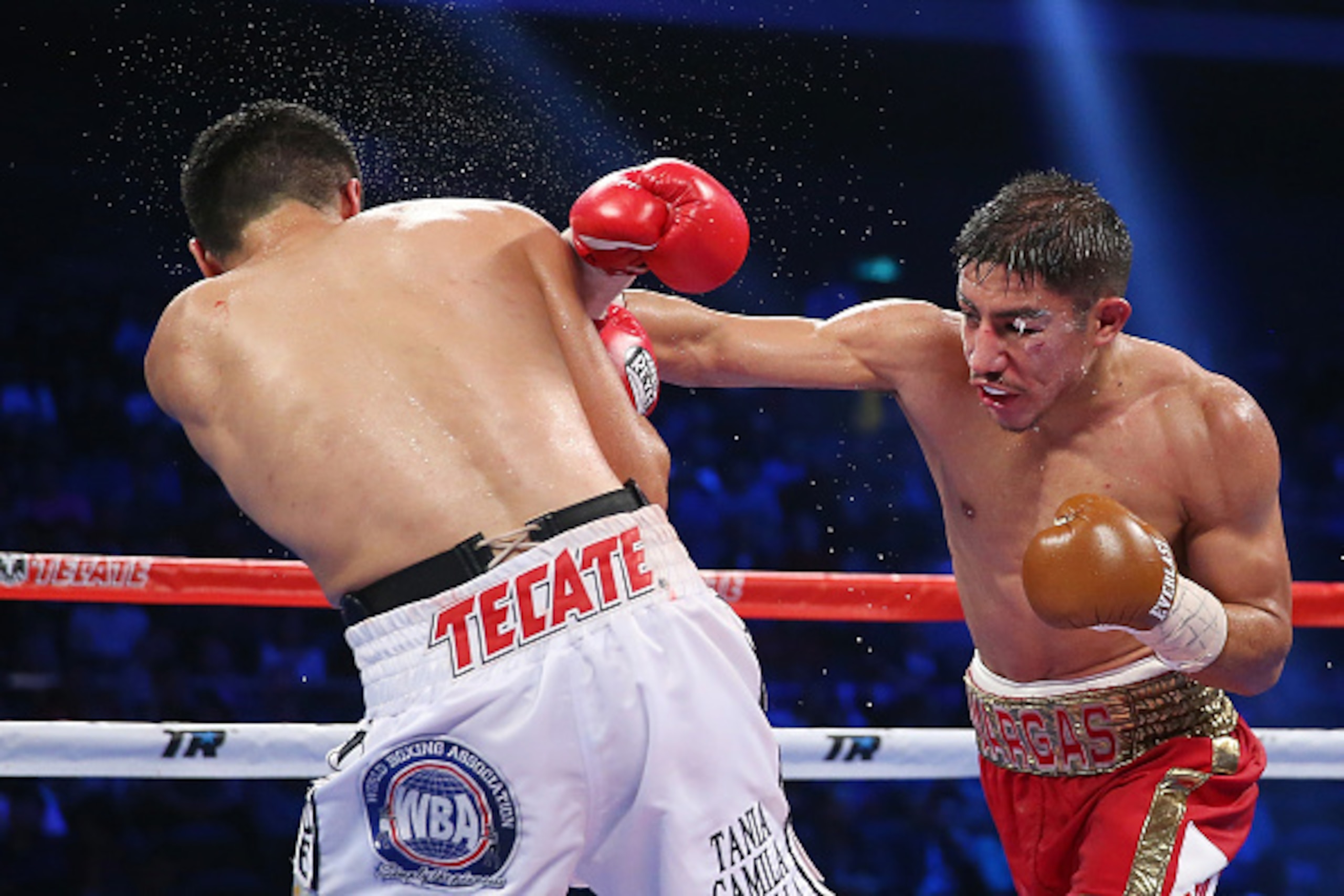 MACAU - NOVEMBER 23:  Jessie Vargas of the United States punches Antonio DeMarco of Mexico during the WBA world super lightweight title fight at The Venetian on November 23, 2014 in Macau, Macau.  (Photo by Chris Hyde/Getty Images)
