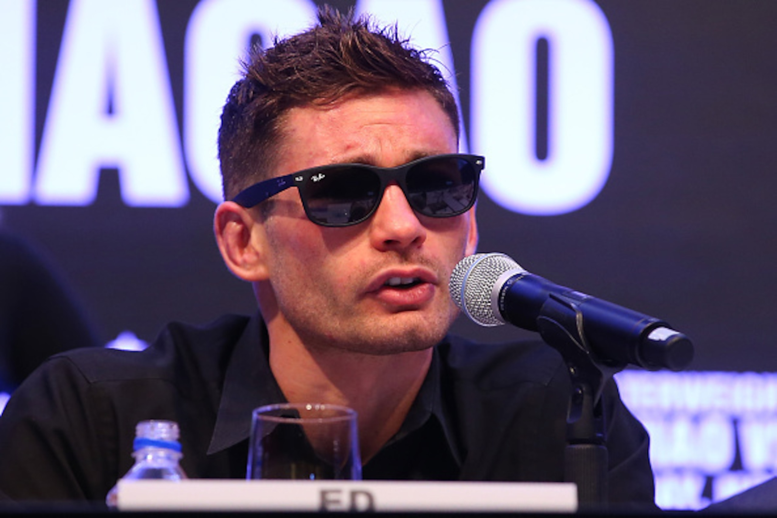 MACAU - NOVEMBER 23:  Chris Algieri of the United States speaks to media at the post fight press conference after losing against Manny Pacquiao of the Philippines during the WBO world welterweight title at The Venetian on November 23, 2014 in Macau, Macau