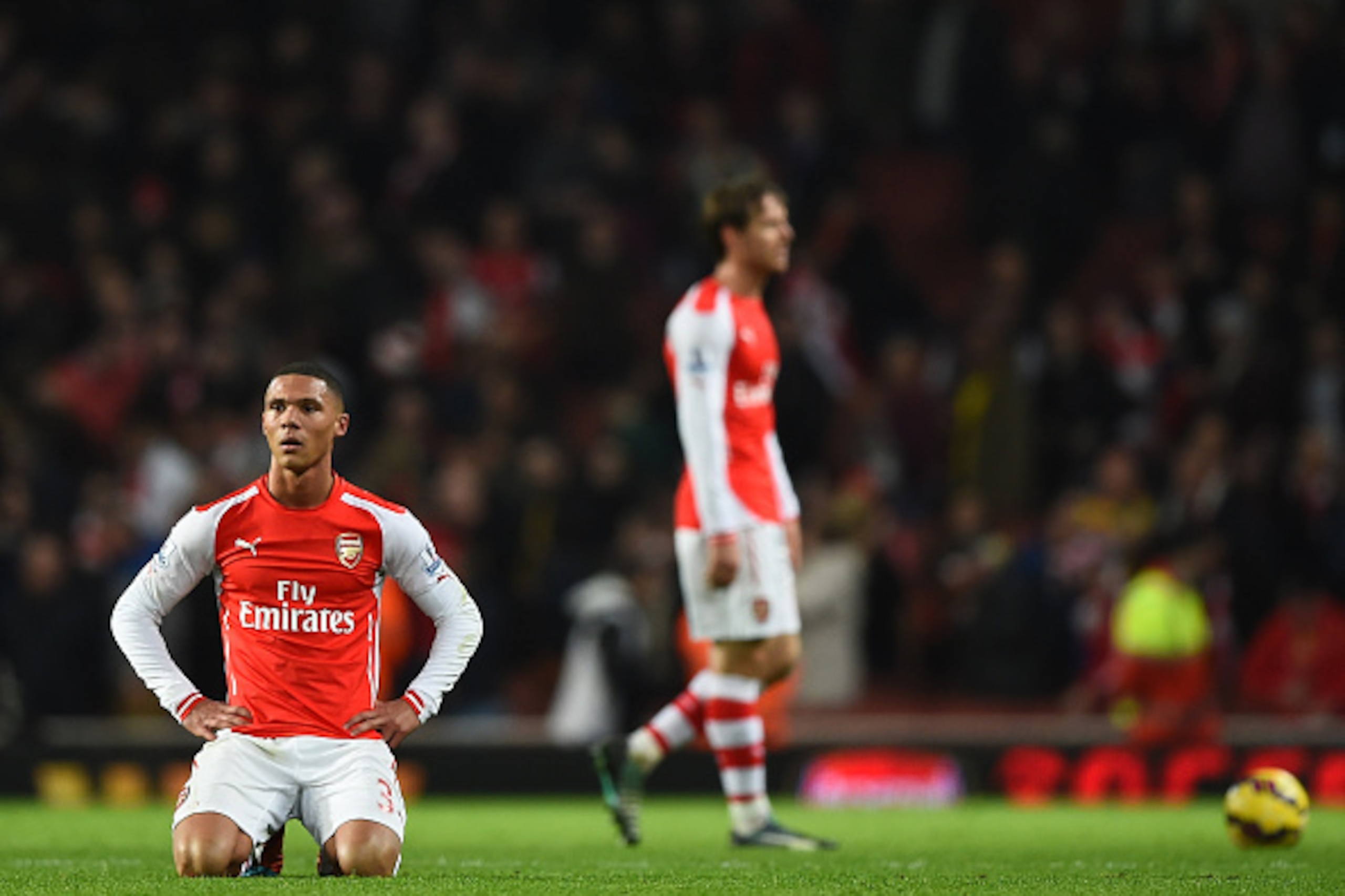 LONDON, ENGLAND - NOVEMBER 22:  Kieran Gibbs of Arsenal looks dejected after the Barclays Premier League match between Arsenal and Manchester United at Emirates Stadium on November 22, 2014 in London, England.  (Photo by Shaun Botterill/Getty Images)