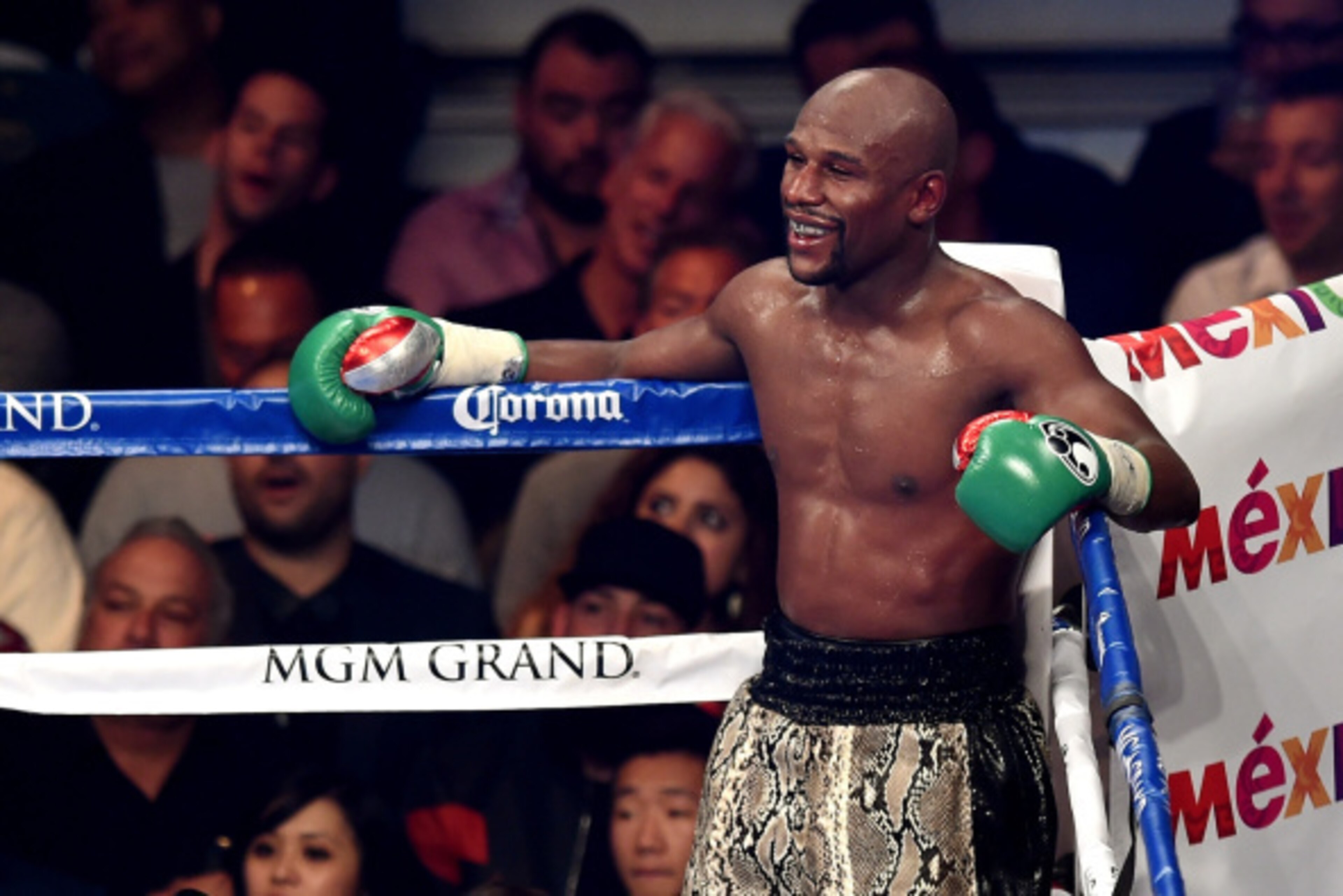 LAS VEGAS, NV - SEPTEMBER 13:  Floyd Mayweather Jr. looks on while taking on Marcos Maidana during their WBC/WBA welterweight title fight at the MGM Grand Garden Arena on September 13, 2014 in Las Vegas, Nevada.  (Photo by Ethan Miller/Getty Images)