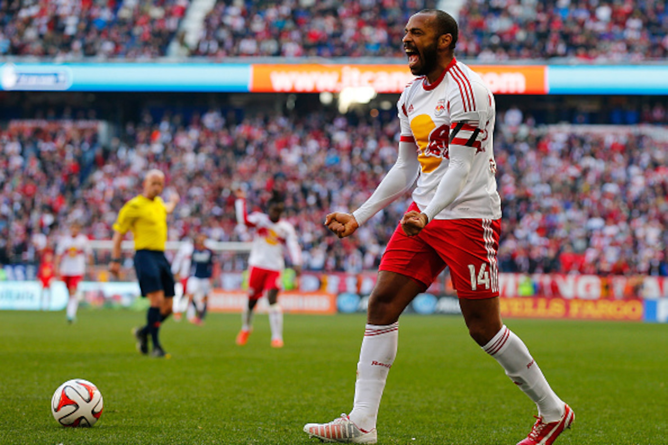 HARRISON, NJ - NOVEMBER 23: Thierry Henry #14 of New York Red Bulls reacts during the game against the New England Revolution during the Eastern Conference Final - Leg 1 at Red Bull Arena on November 23, 2014 in Harrison, New Jersey.  (Photo by Mike Stobe
