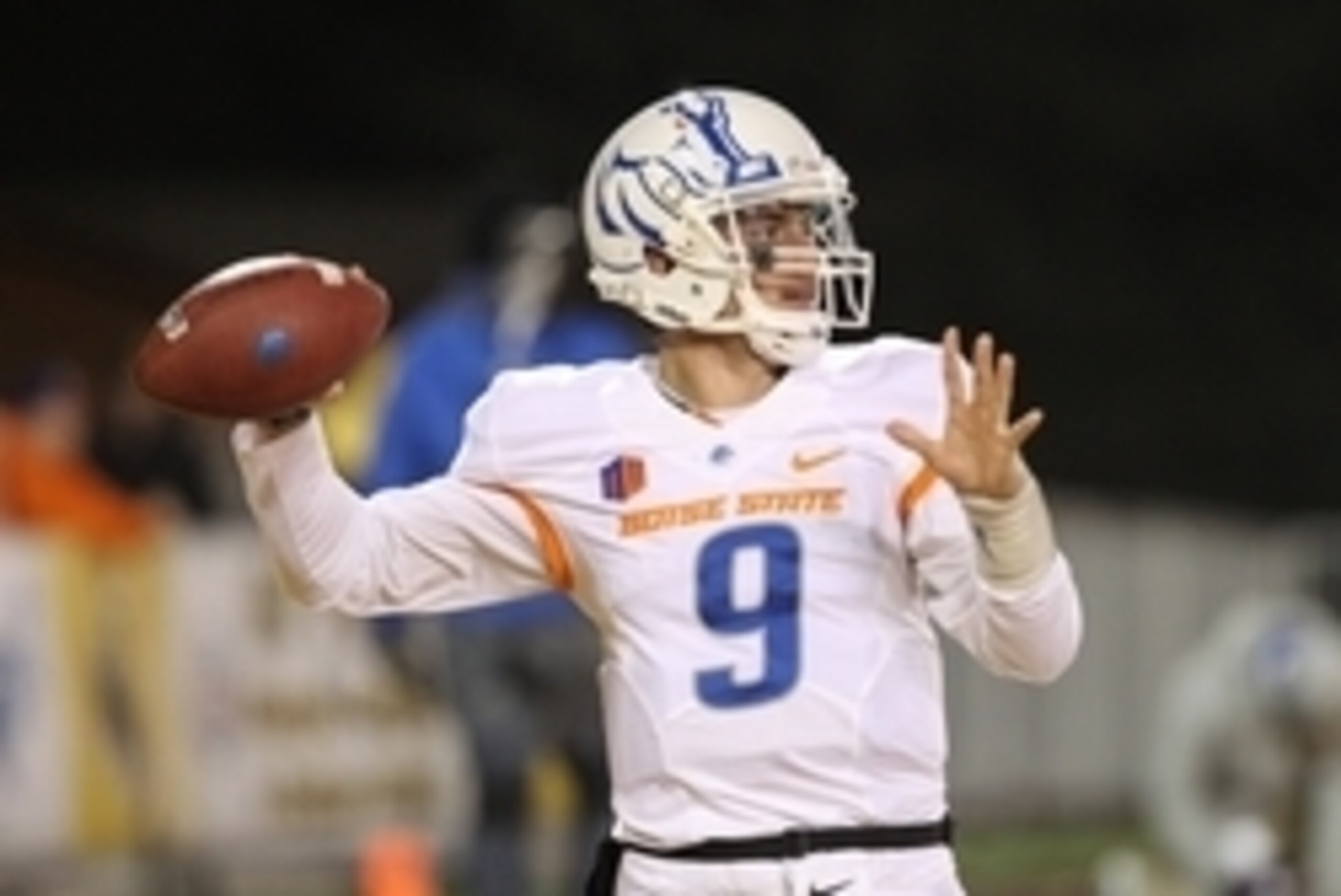 Nov 22, 2014; Laramie, WY, USA; Boise State Broncos quarterback Grant Hedrick (9) warms up before the game against the Wyoming Cowboys at War Memorial Stadium. Mandatory Credit: Troy Babbitt-USA TODAY Sports