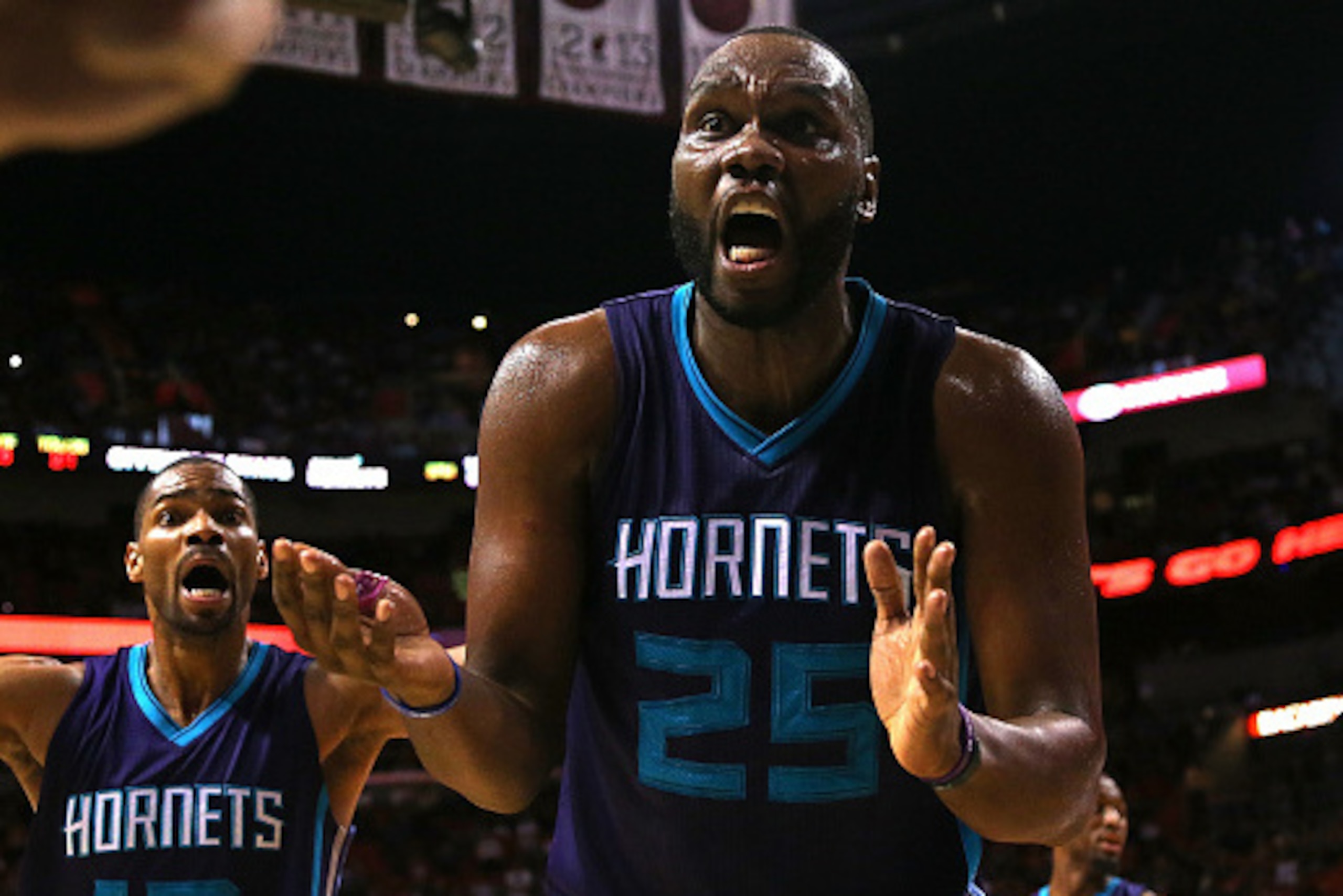 MIAMI, FL - NOVEMBER 23: Al Jefferson #25 of the Charlotte Hornets reacts to a play during a game against the Miami Heat at American Airlines Arena on November 23, 2014 in Miami, Florida. NOTE TO USER: User expressly acknowledges and agrees that, by down MIAMI, FL - NOVEMBER 23: Al Jefferson #25 of the Charlotte Hornets reacts to a play during a game against the Miami Heat at American Airlines Arena on November 23, 2014 in Miami, Florida. NOTE TO USER: User expressly acknowledges and agrees that, by down