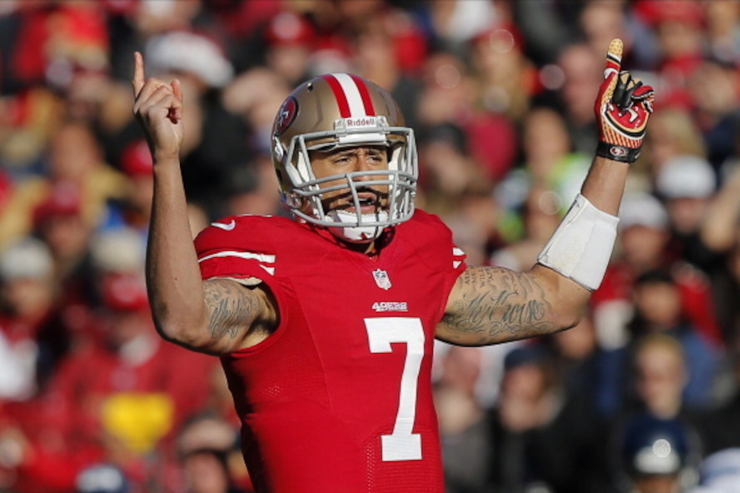 SAN FRANCISCO, CA - DECEMBER 08:  Quarterback Colin Kaepernick #7 of the San Francisco 49ers calls out the play count against the Seattle Seahawks in the first quarter on December 8, 2013 at Candlestick Park in San Francisco, California.  The 49ers won 19