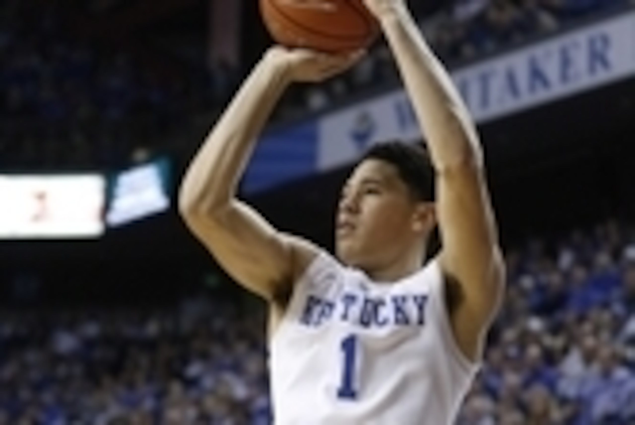 Nov 23, 2014; Lexington, KY, USA; Kentucky Wildcats guard Devin Booker (1) shoots the ball against the Montana State Bobcats in the second half at Rupp Arena. Kentucky defeated Montana State 86-28. Mandatory Credit: Mark Zerof-USA TODAY Sports