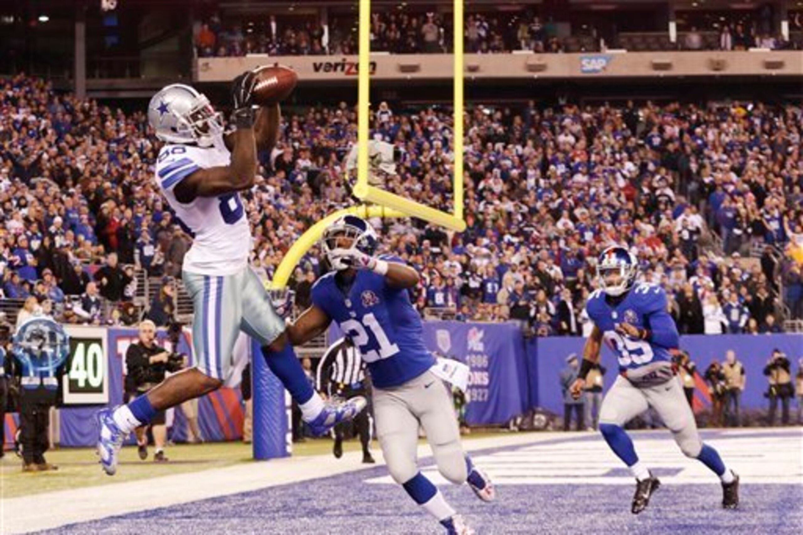 Dallas Cowboys receiver Dez Bryant catches the game-winning touchdown to pass to secure a 31-28 comeback victory against the New York Giants.