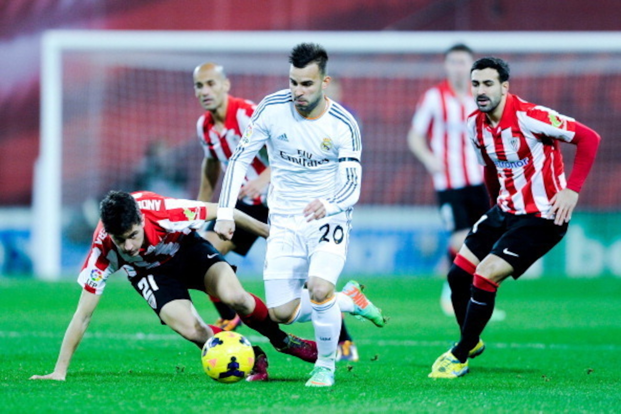 BILBAO, SPAIN - FEBRUARY 02:  Jese Rodriguez of Real Madrid CF duels for the ball with Ander Herrera (L) and Aymeric Laporte of Athletic Clubduring the La Liga match between Athletic Club and real Madrid CF at San Mames Stadium on February 2, 2014 in Bilb