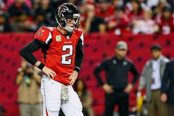 ATLANTA, GA - NOVEMBER 23: Matt Ryan #2 of the Atlanta Falcons reacts to a play in the second half against the Cleveland Browns at Georgia Dome on November 23, 2014 in Atlanta, Georgia.  (Photo by Kevin C. Cox/Getty Images)